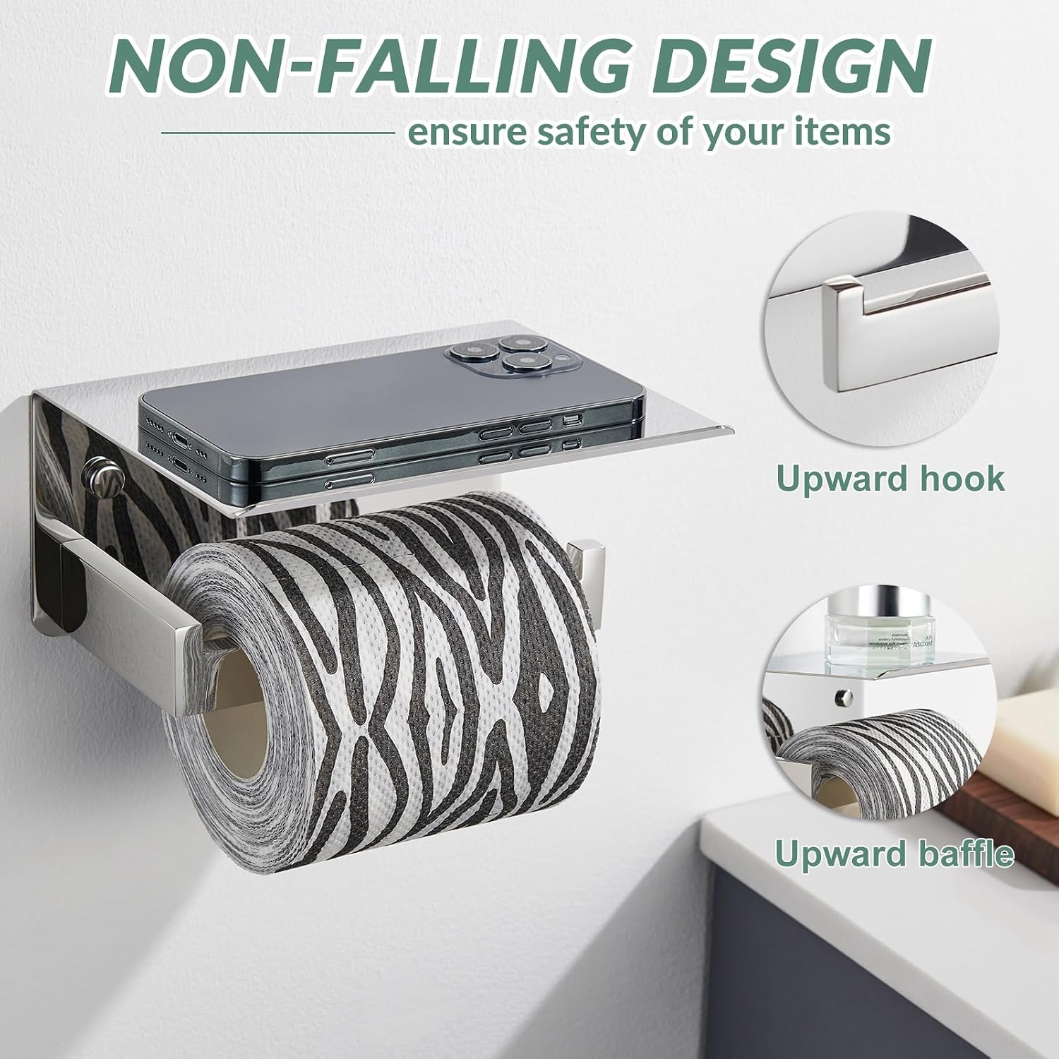APLusee Polished Chrome Toilet Paper Holder with Phone Shelf, Wall Mounted | 304 Stainless Steel, Rust-resistant Tissue