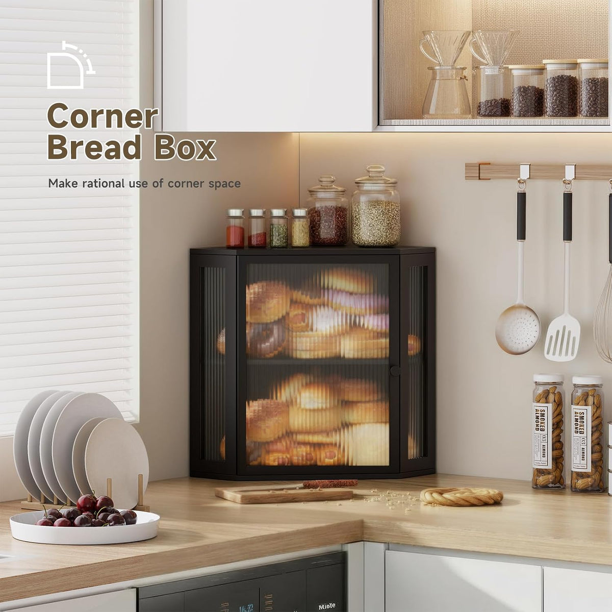 Corner Bread Box for Kitchen Countertop,Bread Storage (Black, Extra Large) | Double Layer Large Capacity Bamboo Bread