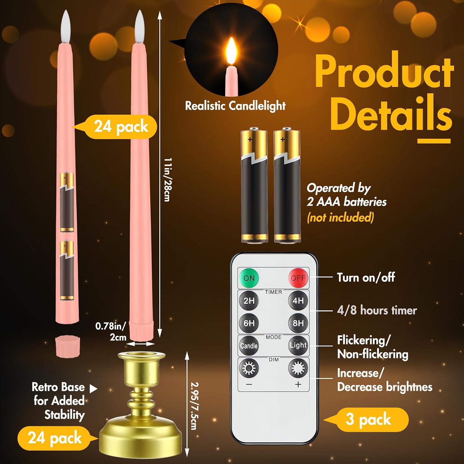 Fumete 24 Pack Flameless Taper Candles with Remote Control and Timer Flickering LED Taper Candles Realistic 3D Flame