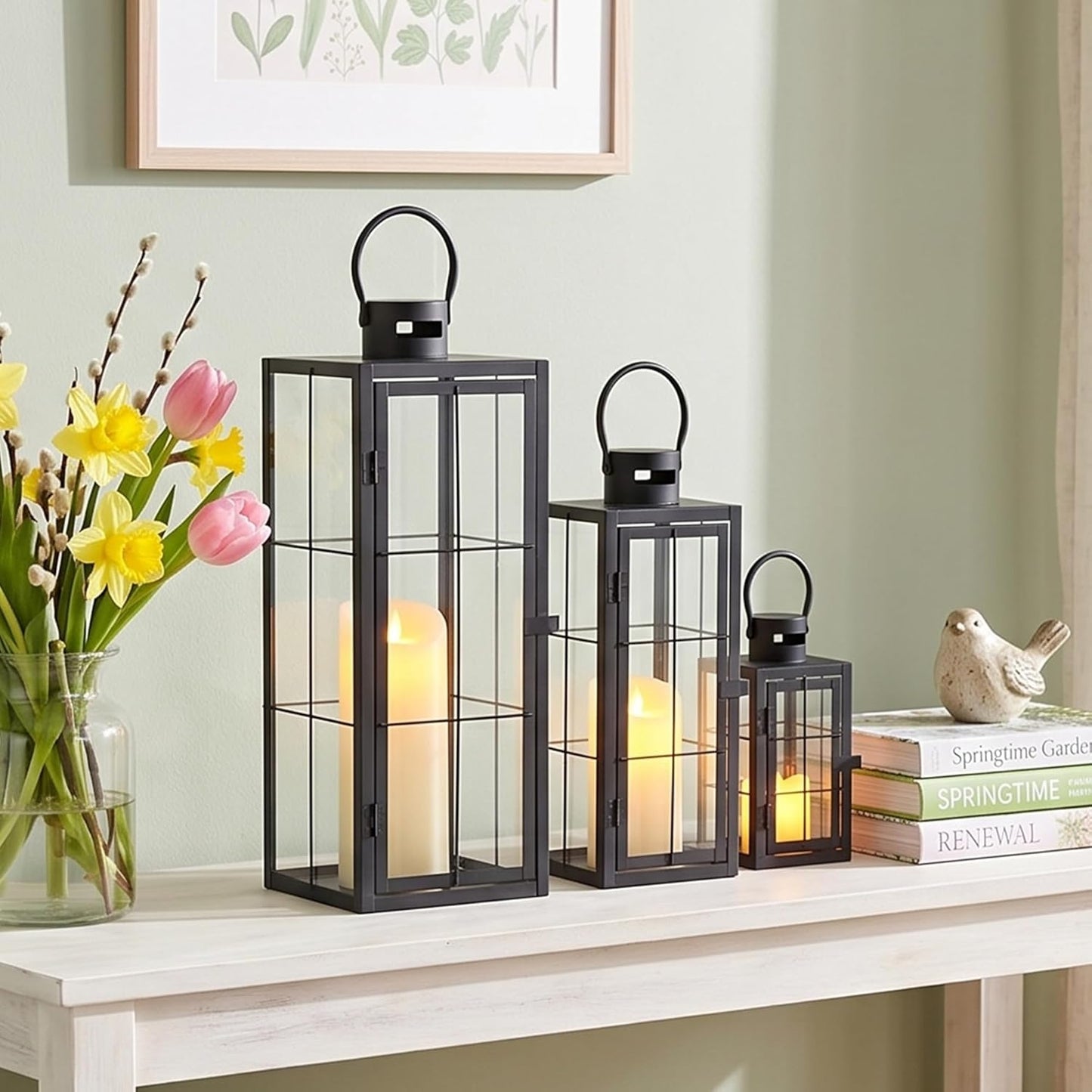 TRIROCKS Metal Candle Lantern Set of 3 - Assorted Sizes (9/15.5/19.5 Inch) - Tall Decorative Hanging Lanterns with