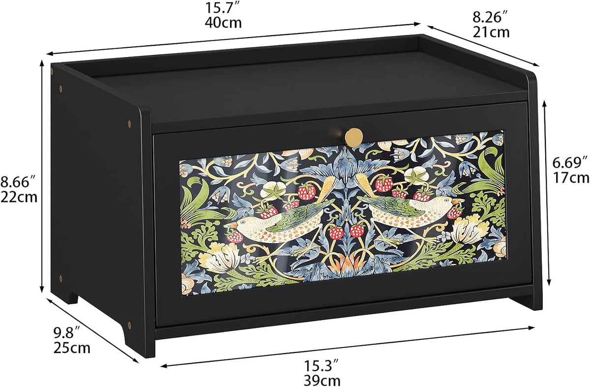 Trironsun Bread Box for Kitchen Counter Black Bread Storage Container with Acrylic Door William Morris Flower Bird