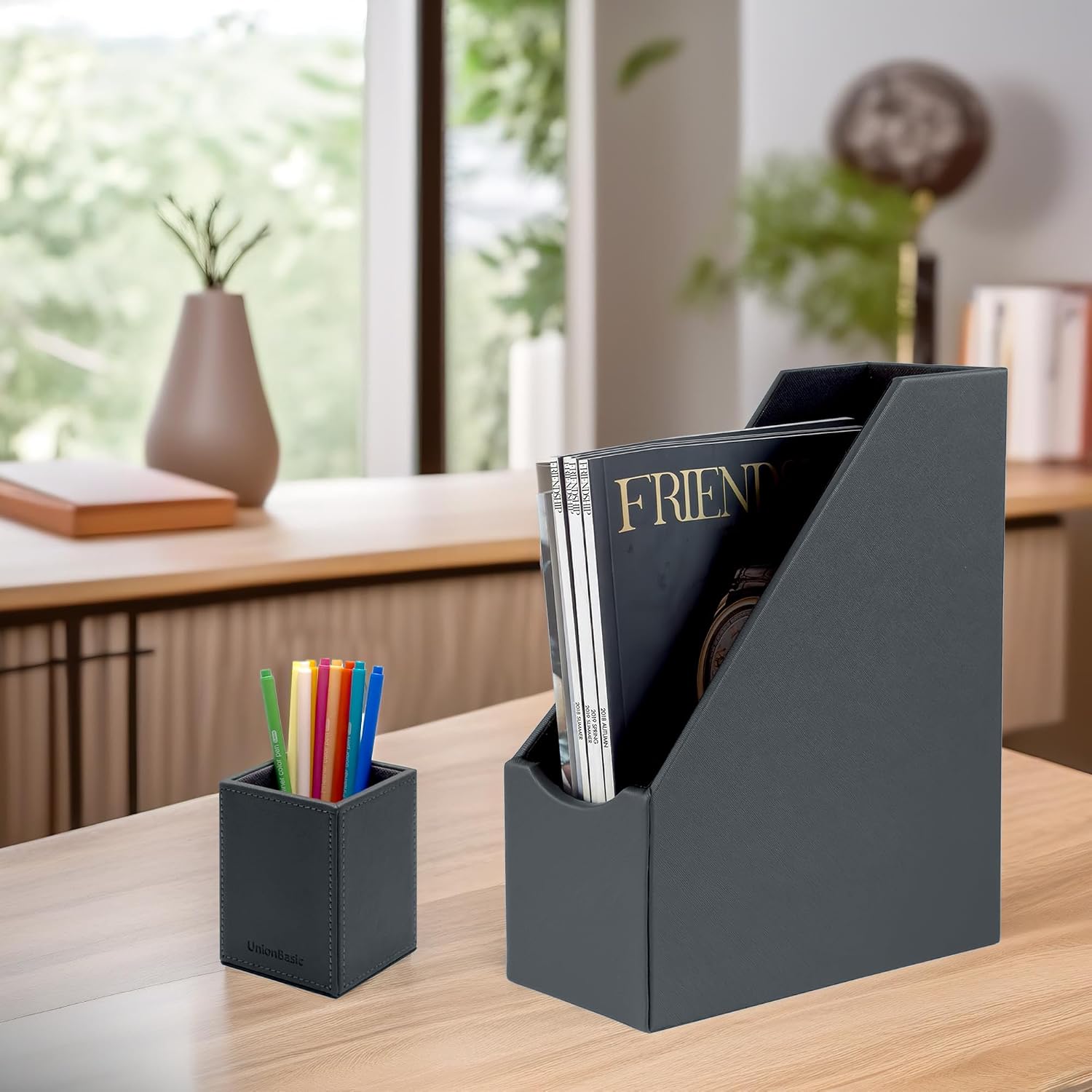UnionBasic Magazine File Holder, Grey | Leatherette, Desktop Document Organizer, Home Office Paper Holder, File Storage