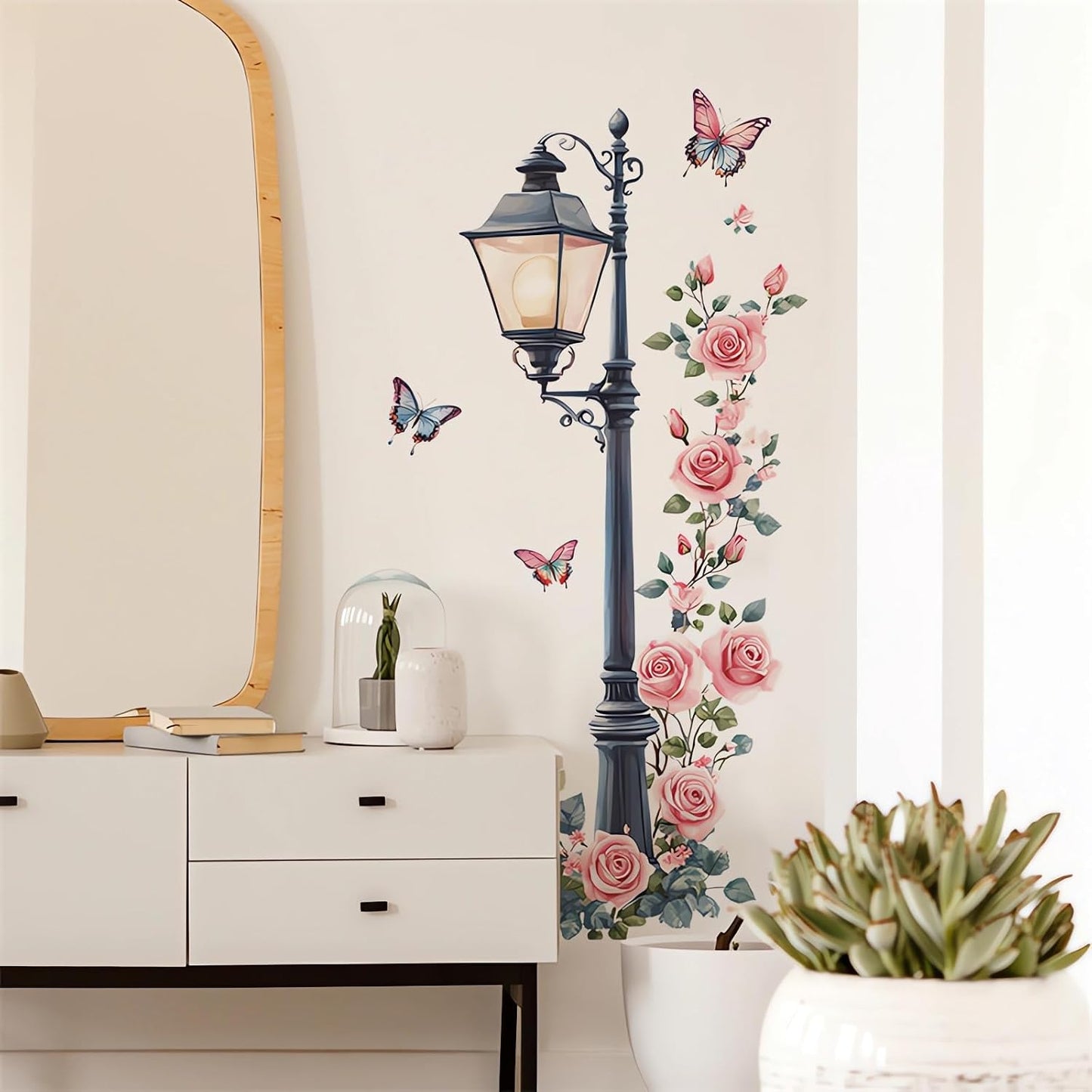 Vintage Street Lamp Rose Butterfly Wall Stickers / Pink