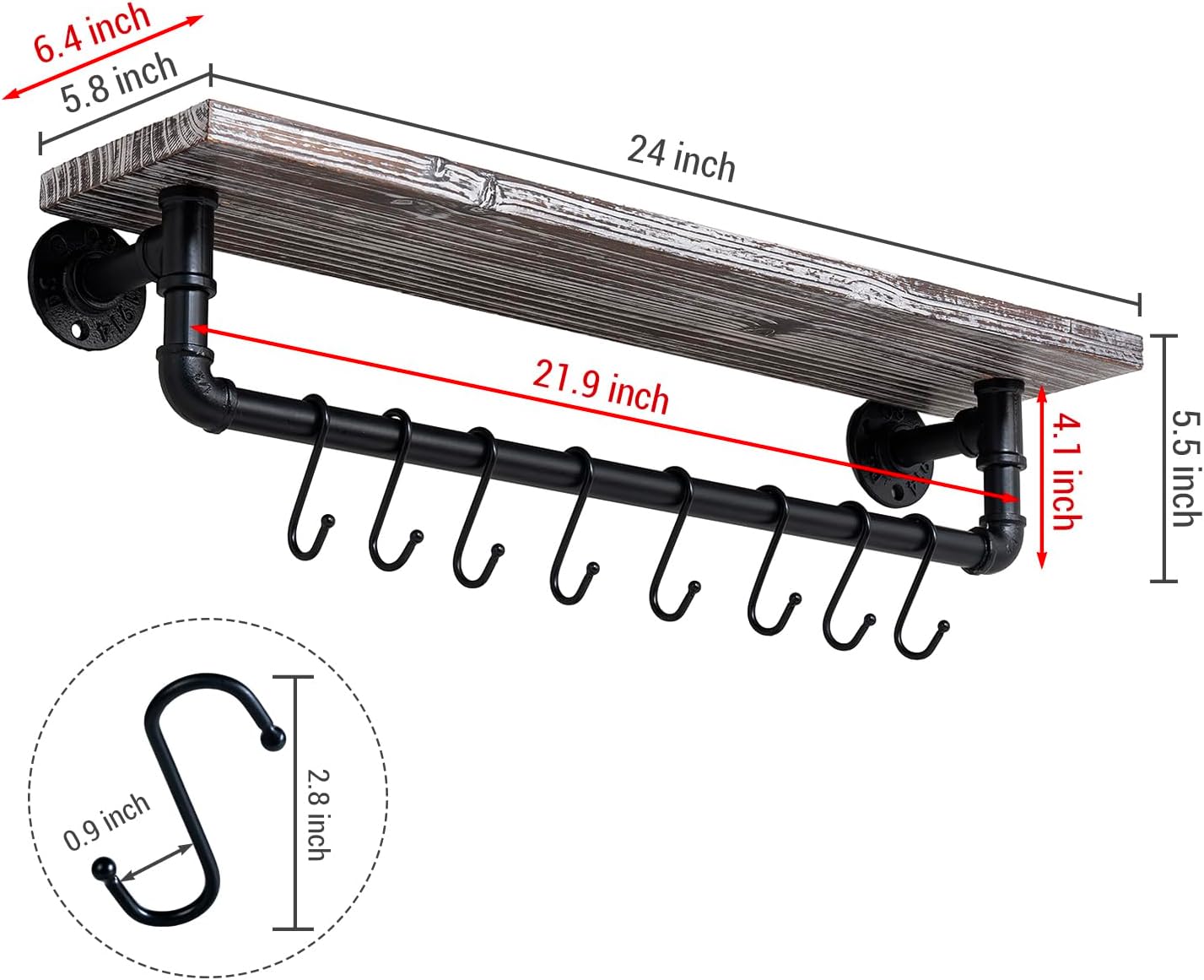 MyGift Wall Mounted Kitchen Pot Rack, Rustic Torched Wood Floating Display Shelf and Industrial Matte Black Metal Pipe