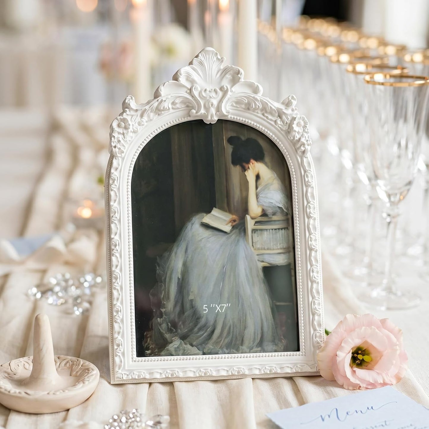 Vintage Ornate Resin Photo Frame / White Arch / 5 x 7