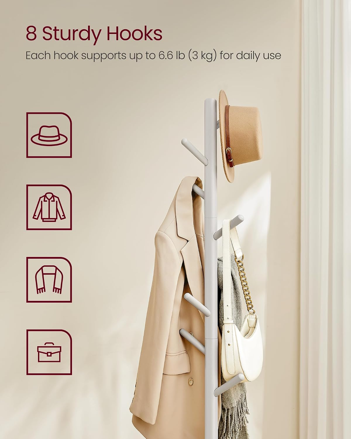 VASAGLE Solid Wood Coat Rack, Free Standing, Tree-Shaped, with 8 Hooks | Coat Tree，3 Height Options, for Clothes, Hats