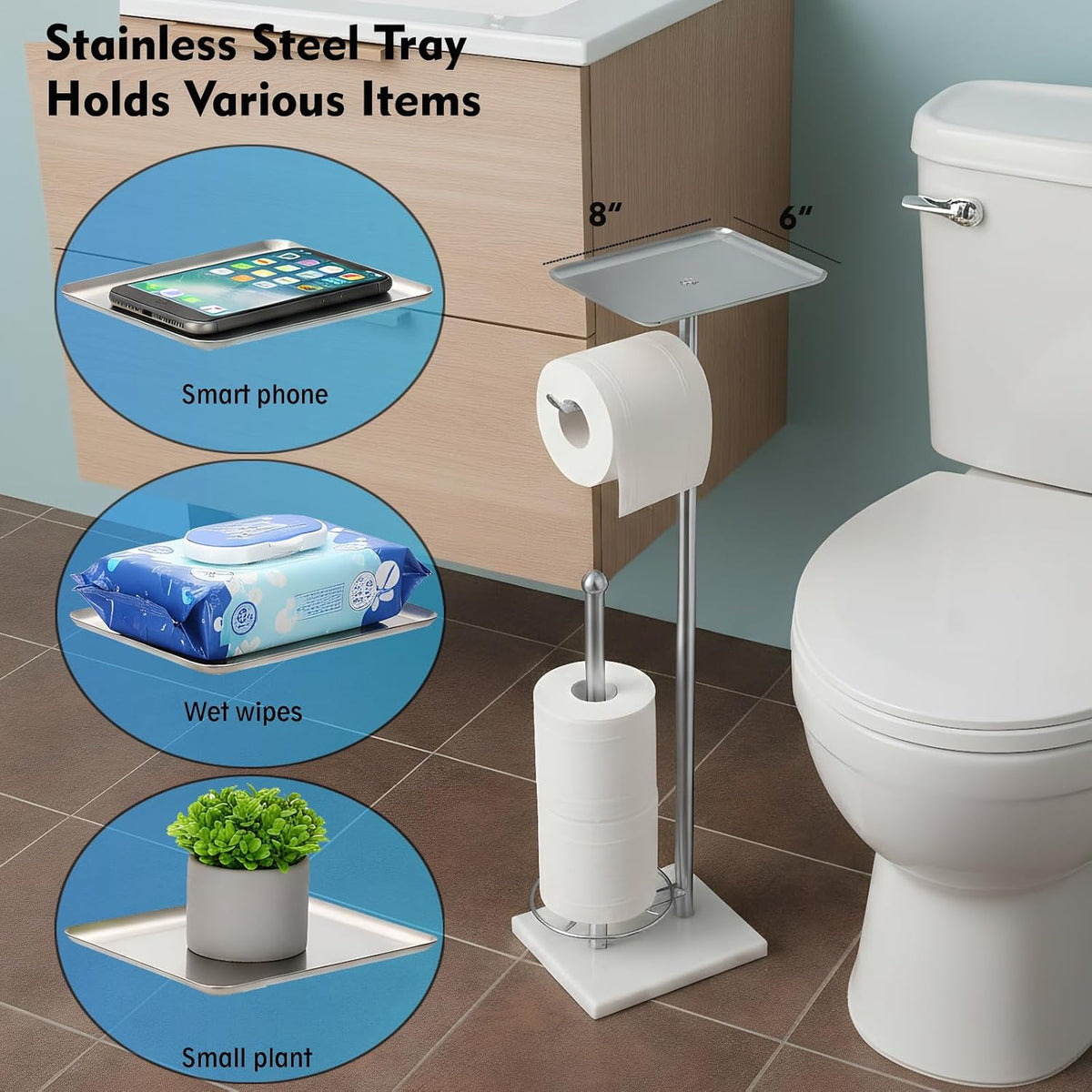 Toilet Paper Holder with Shelf, Free Standing Toilet Paper Holder with Storage - Toilet Paper Stand for Holding Extra 3