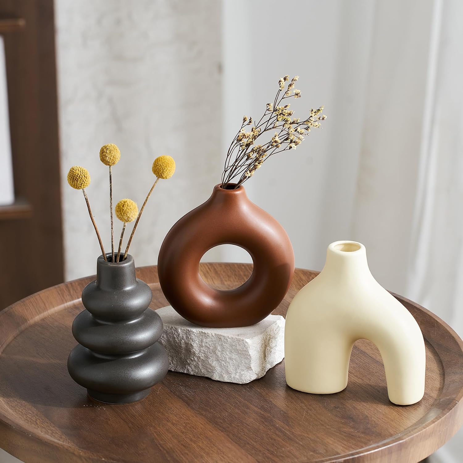 Modern Ceramic Decorative Vase / Cream Matte and Brown / Set of 3