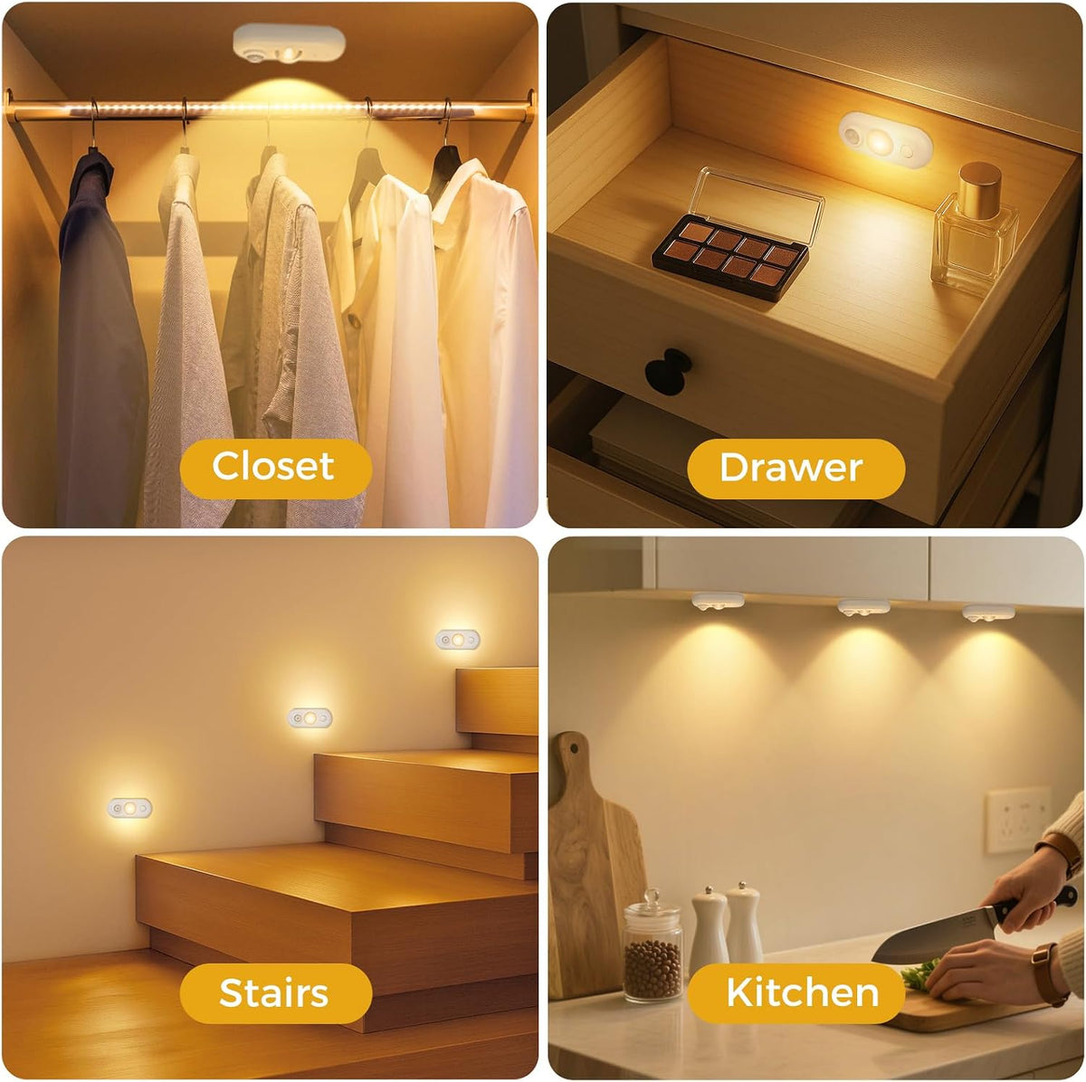 6 Pack LED Motion Sensor Puck Lights, Small Rechargeable Under Cabinet Lights, Dimmable Warm White Closet Lights