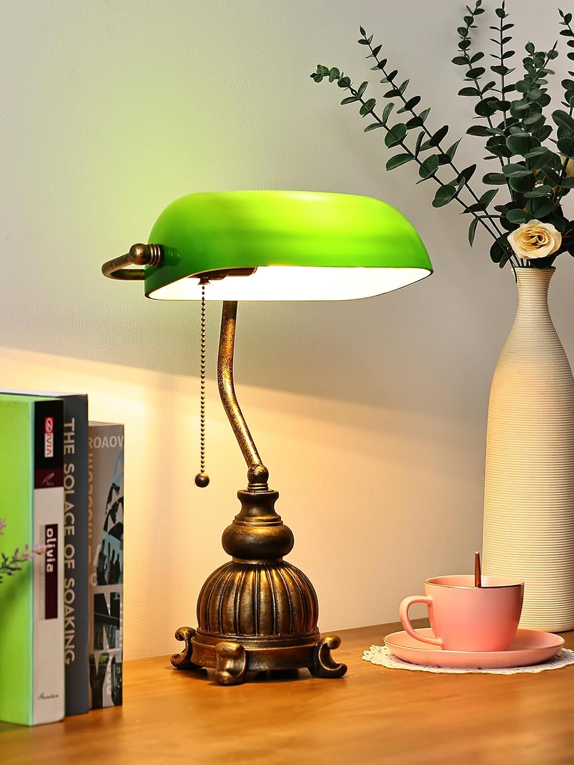 Retro Green Glass Bankers Desk Lamp,LED Bulb Included | Home Office Library with Pull Chain Switch Plug in Fixture