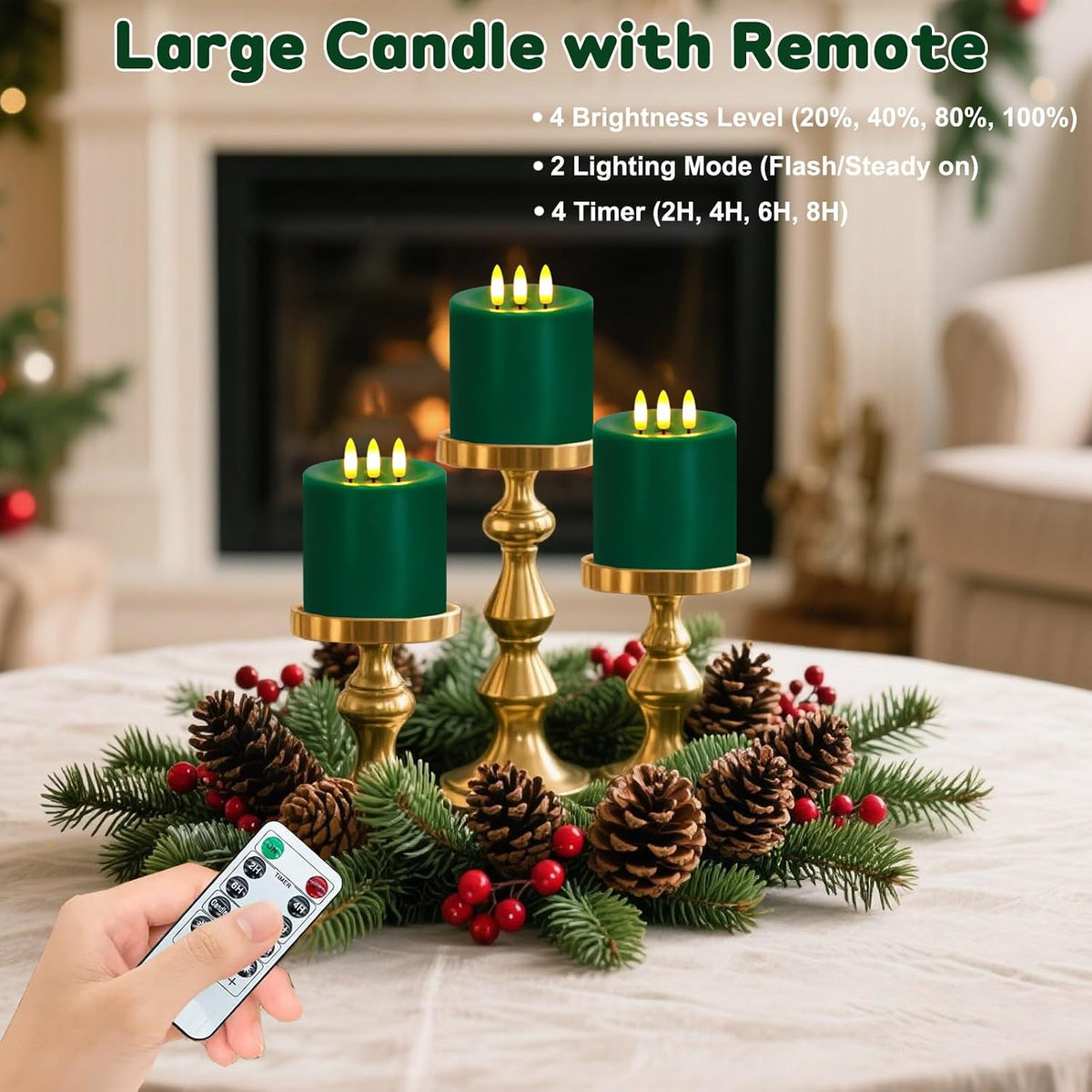 Large 3 Wick Flameless Candles Set of 2, 4"x4" Flickering LED Candles with Remote & Timer, Dimmable Real Wax Pillar