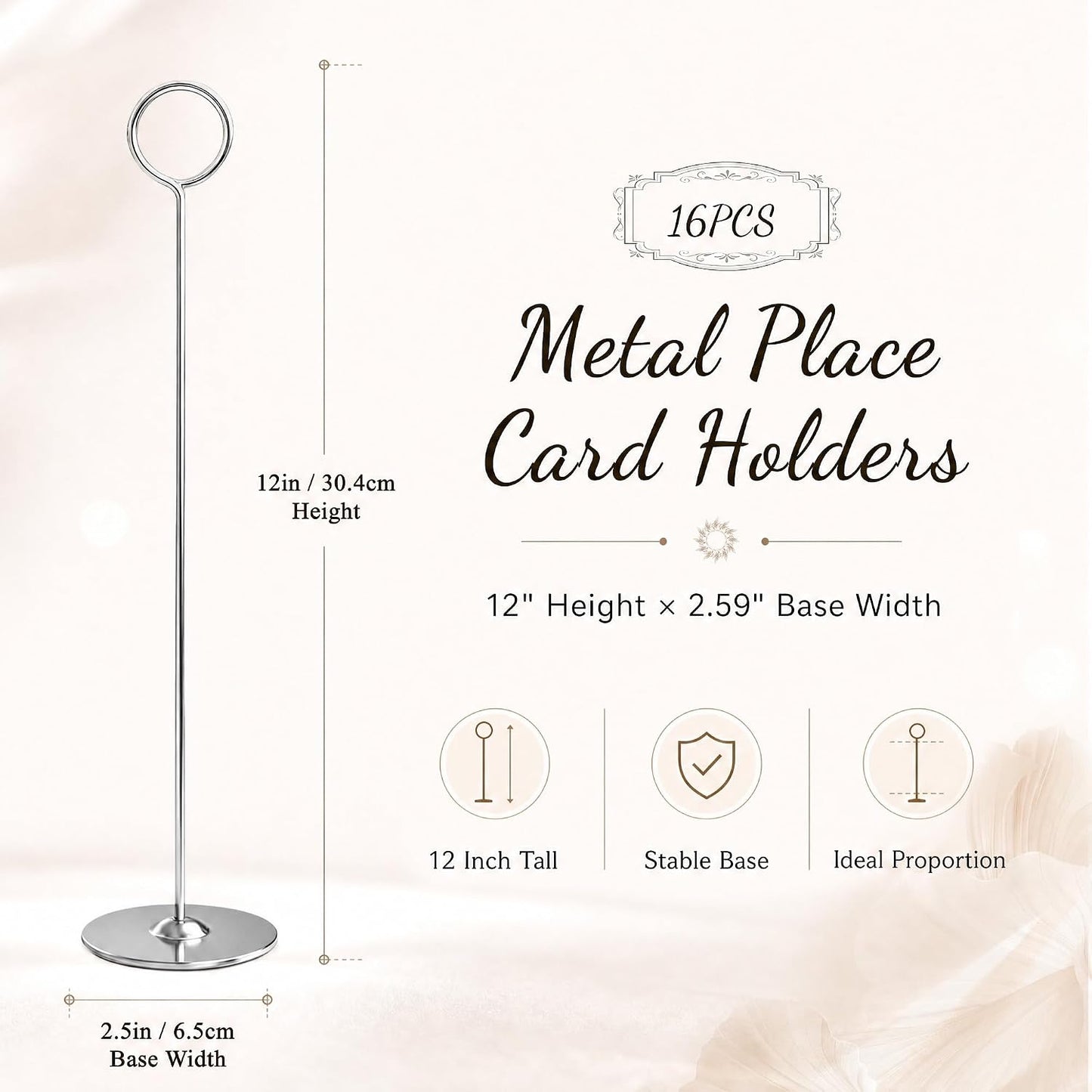 Urban Deco 12 Inch Silver Steel Place Card Holder,16 Pack Table Number Holder