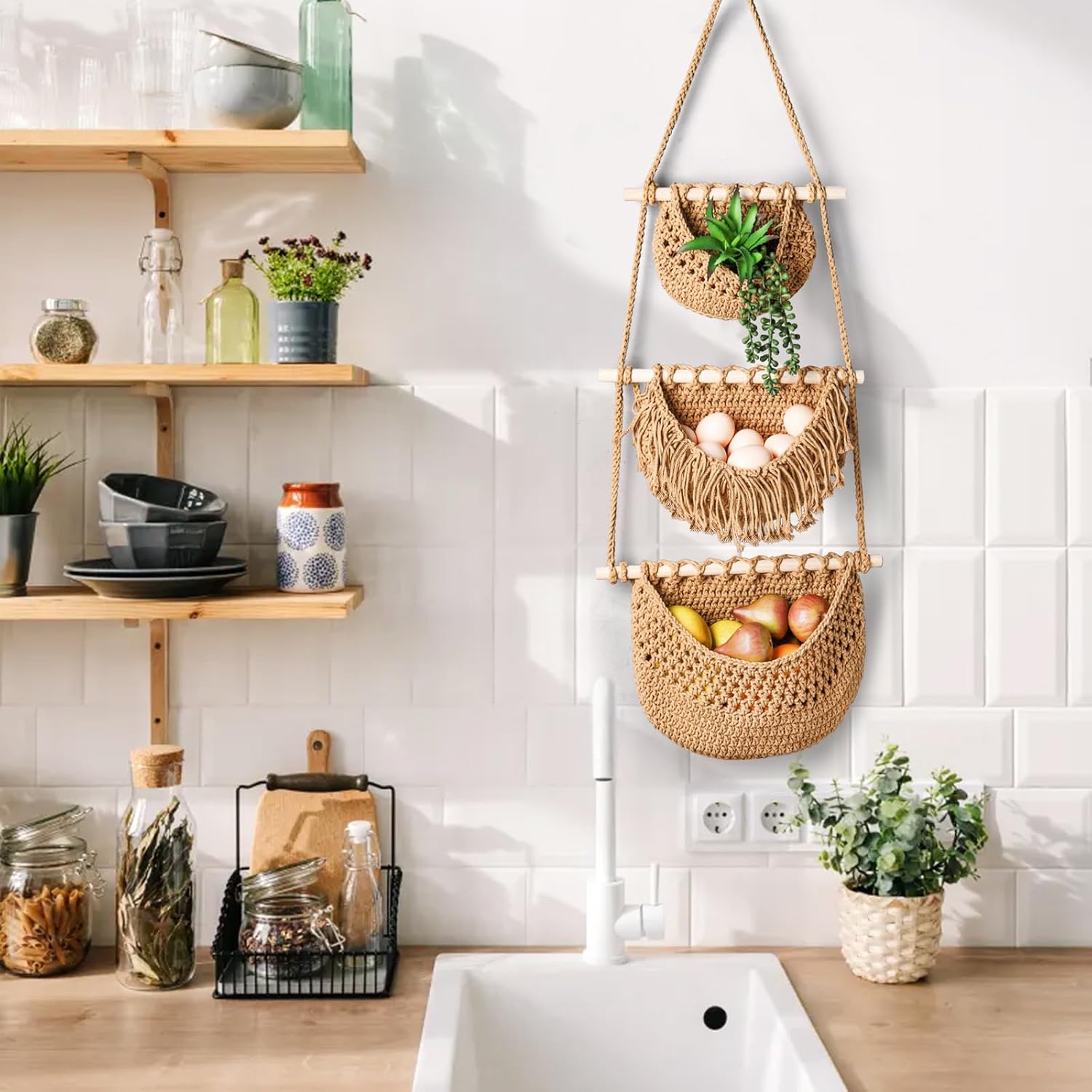 Wall Hanging Vegetable Fruit Baskets Cotton Woven Storage Baskets for Organizing