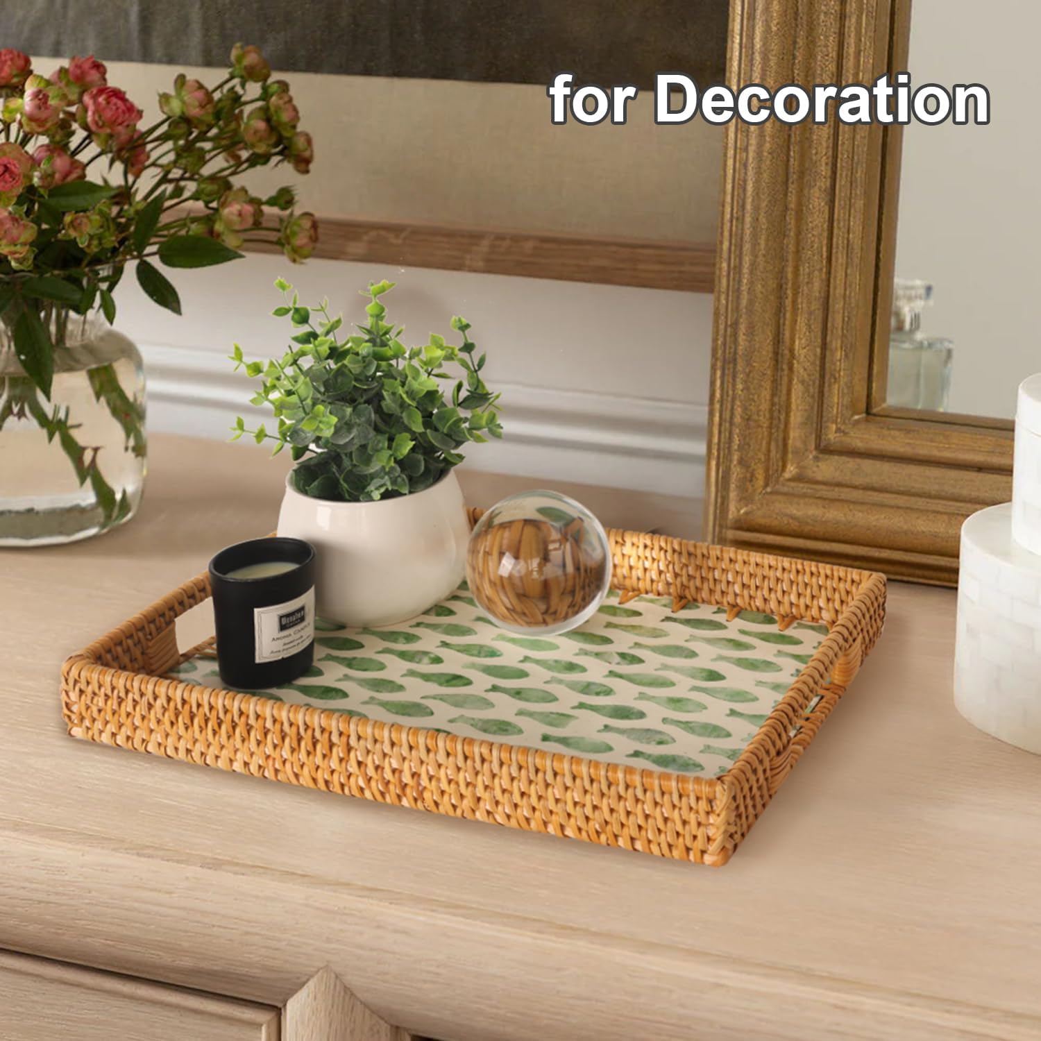 Rattan Serving Tray / Green Fish