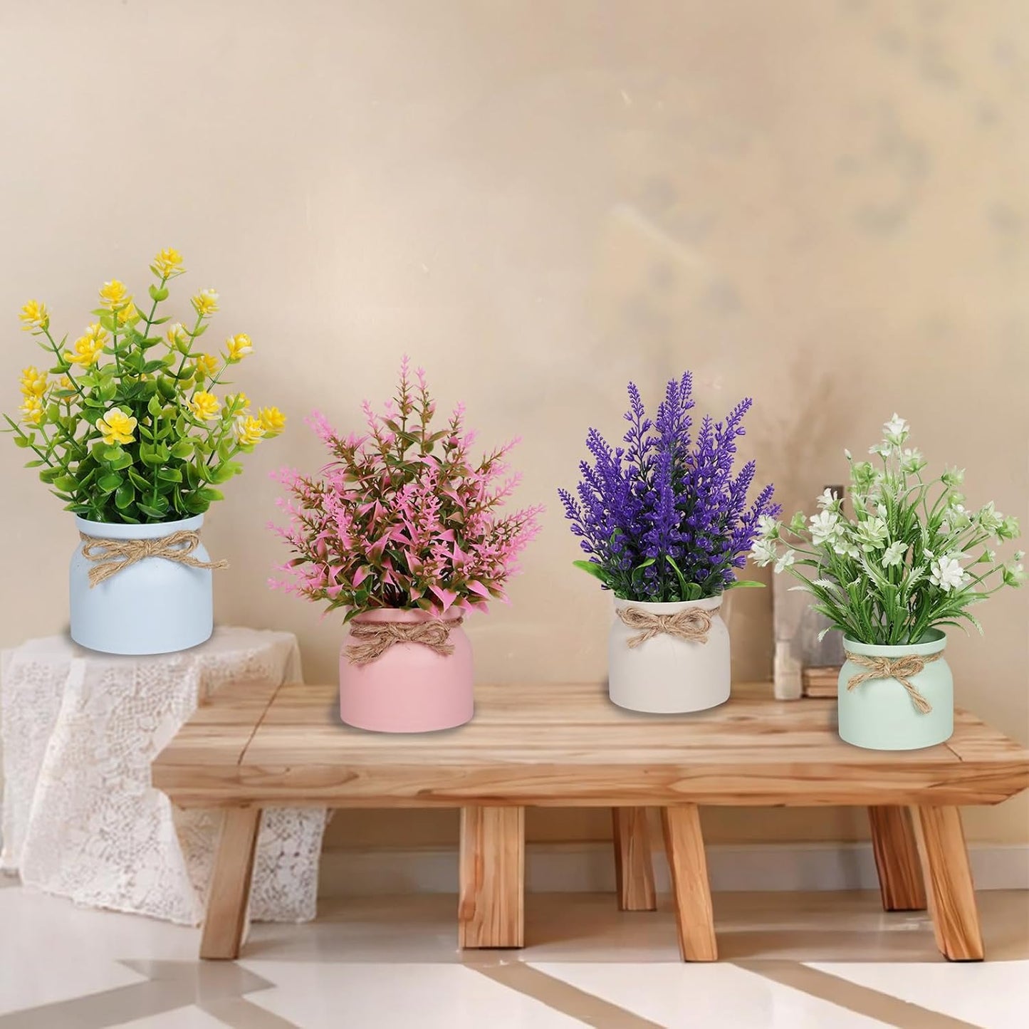 Artificial Pot Flowers Small Fake Plants Mini Potted Plants / Set of 6