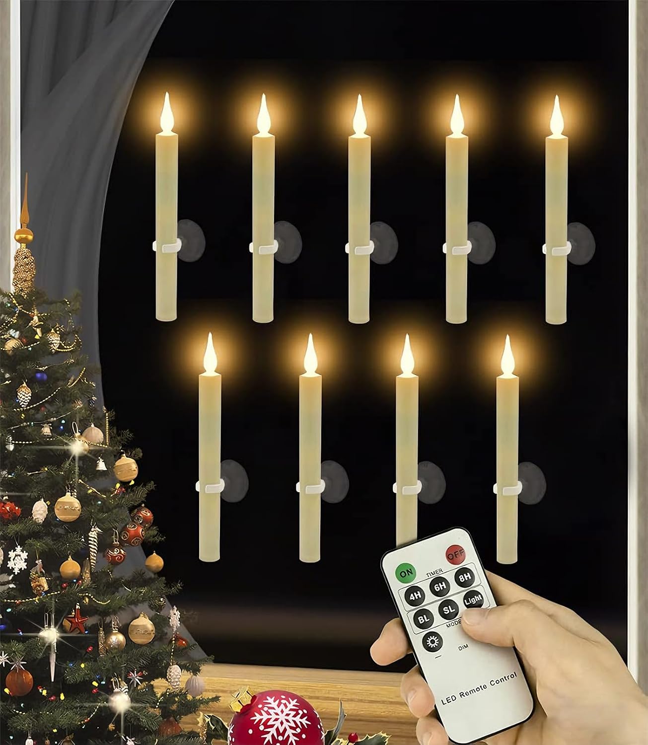 Flameless Window Candles with Timer Remote (9 Pack) | Flickering Window Candles with Suction Cup and Magnetic Base