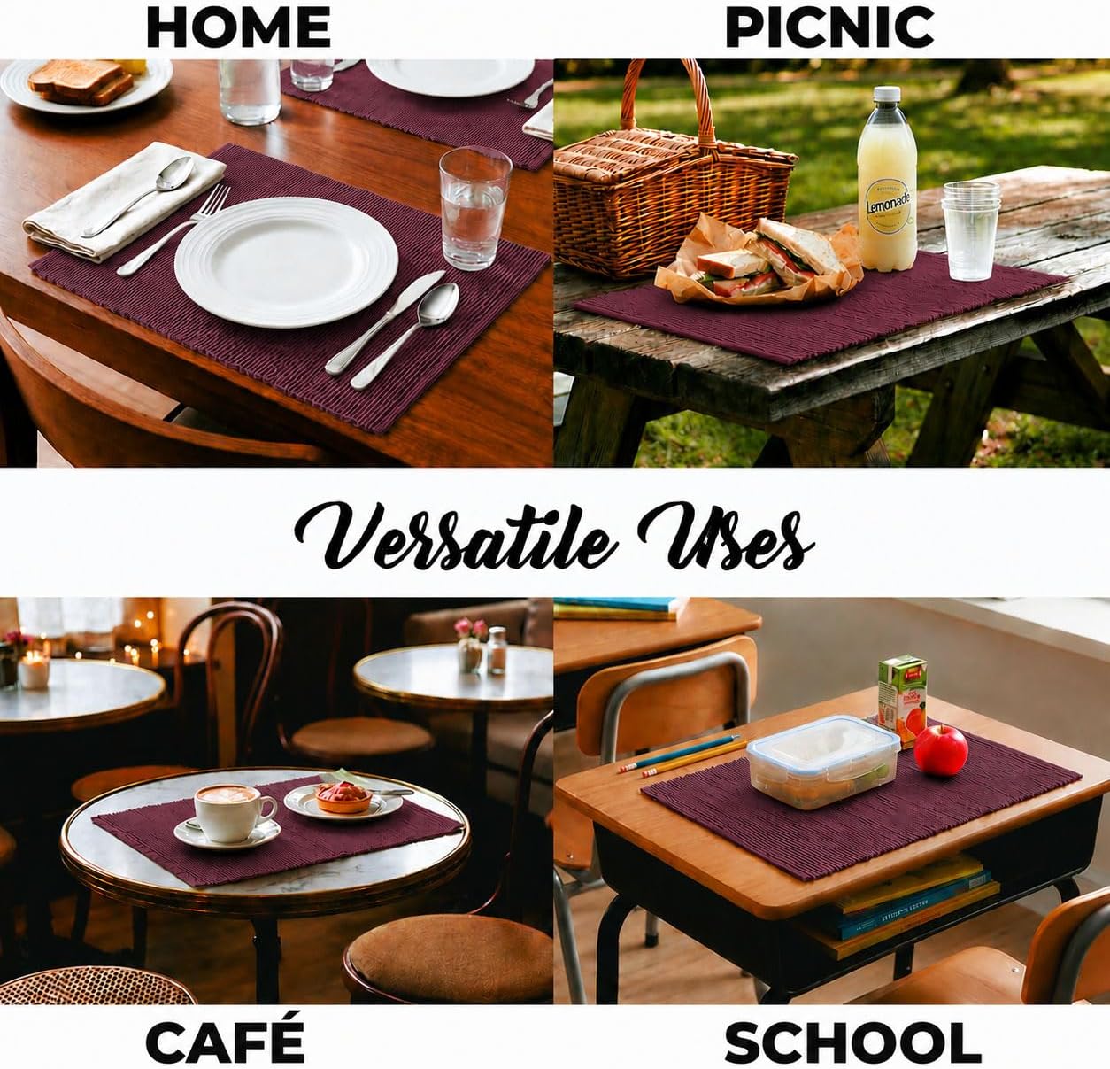100% Cotton Ribbed Placemats - Set of 4-13 x 19 Inches - Wine - Everyday Cloth Table Mats - Thick Construction