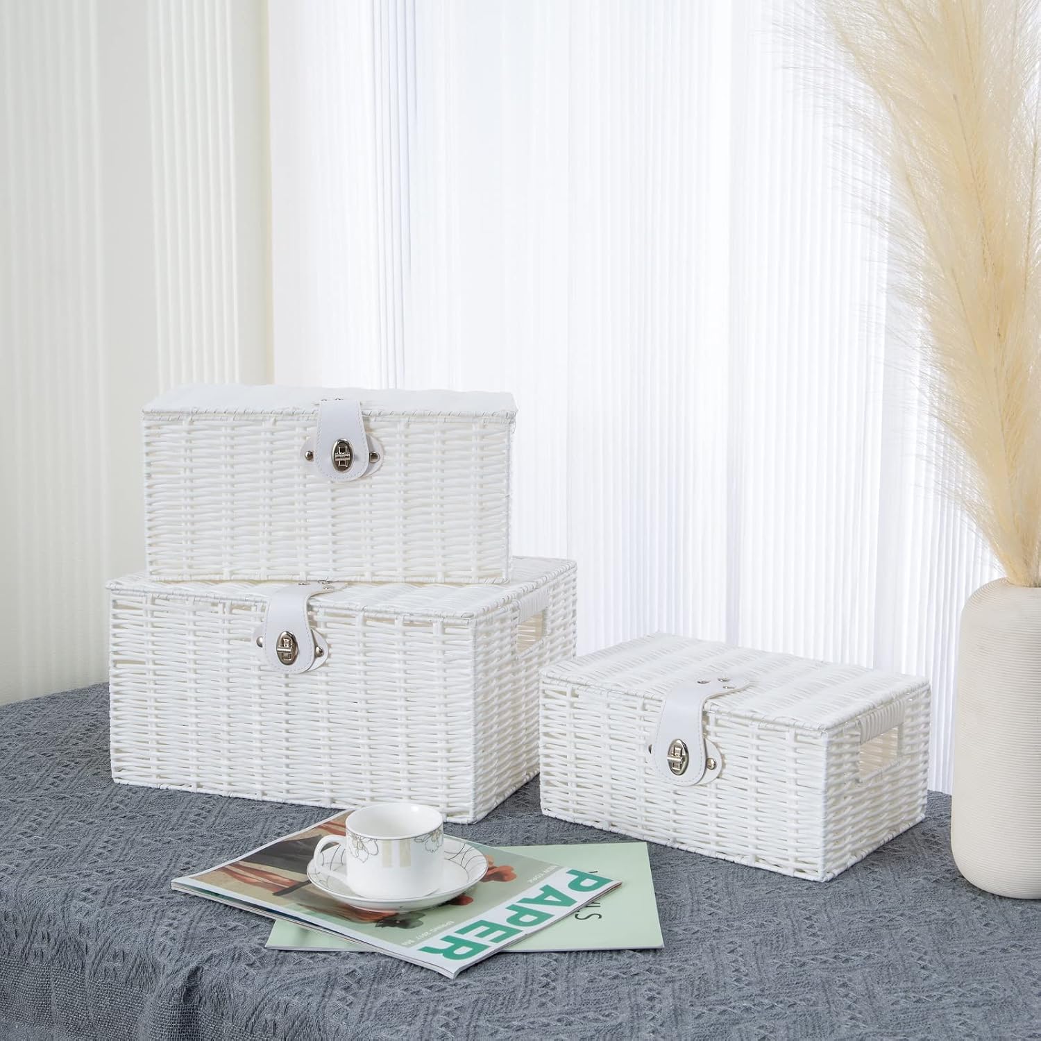 Woven Wicker Storage Basket Box / White / Set of 3