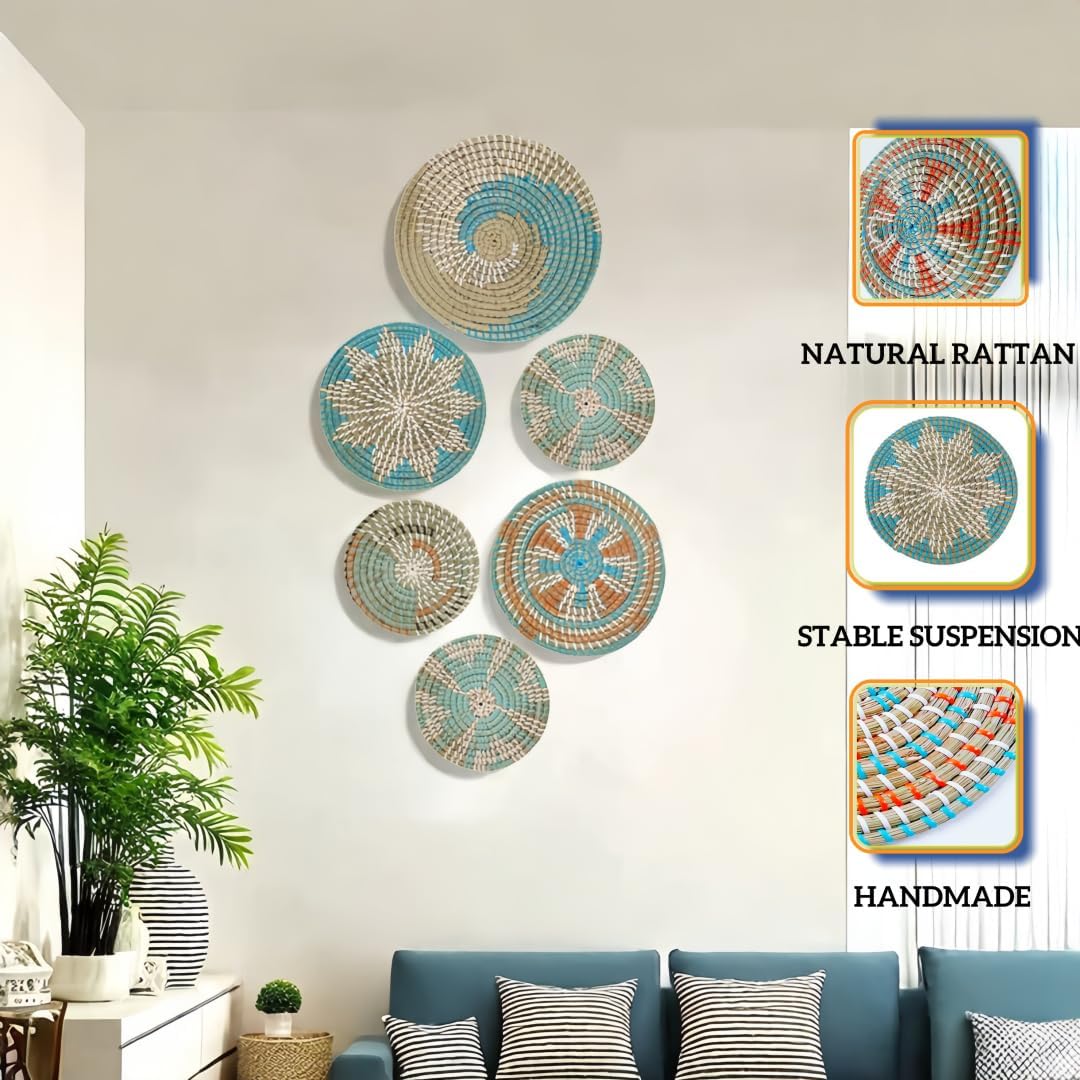 Boho Wall Basket Decor- Rattan Wicker Wall Basket Decorative Round Handmade Hanging / Set of 6