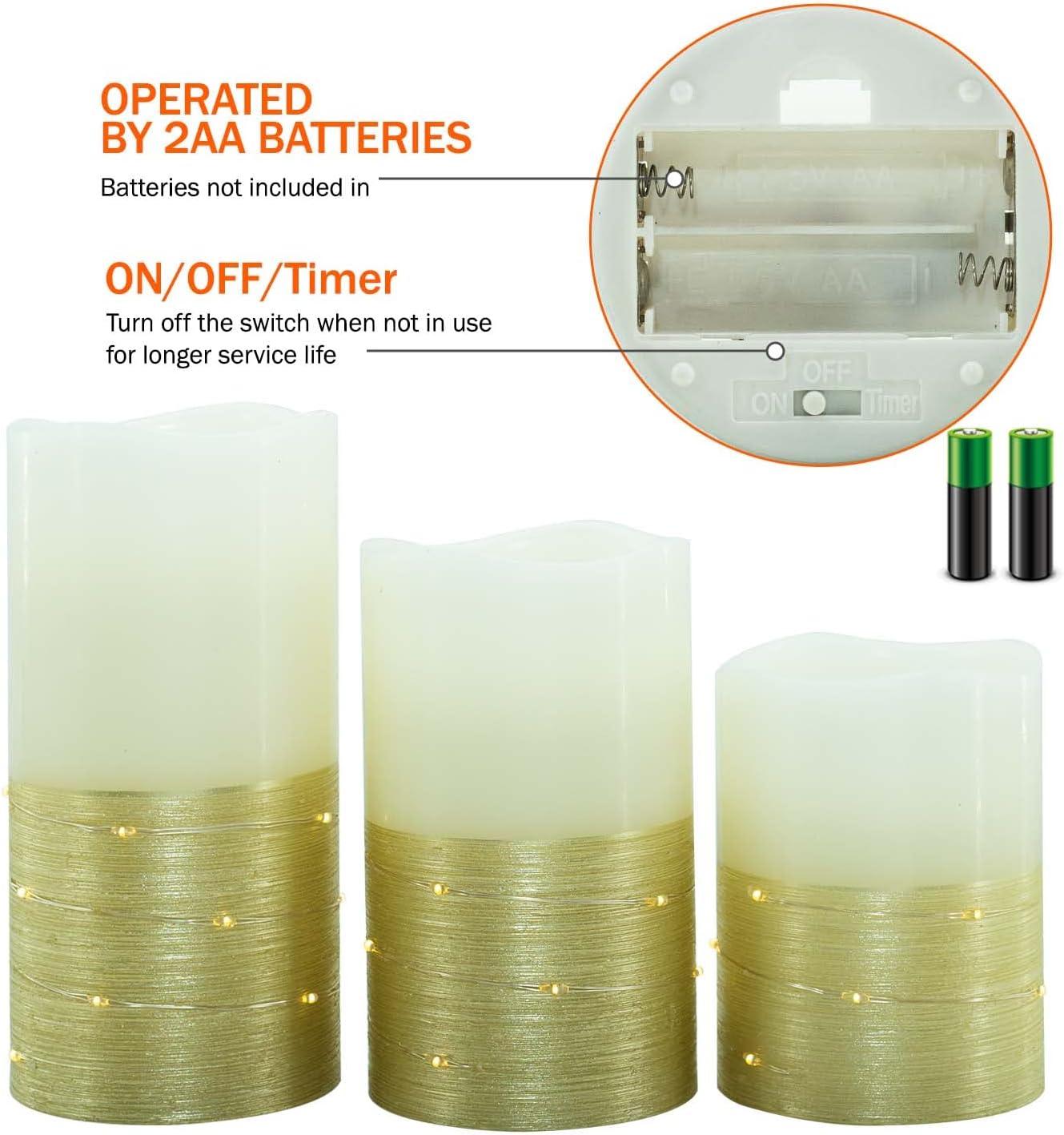 H-BLOSSOM Flickering Flameless Candles Ivory Real Wax Pillar with Embedded String Lights LED Candles Battery Operated