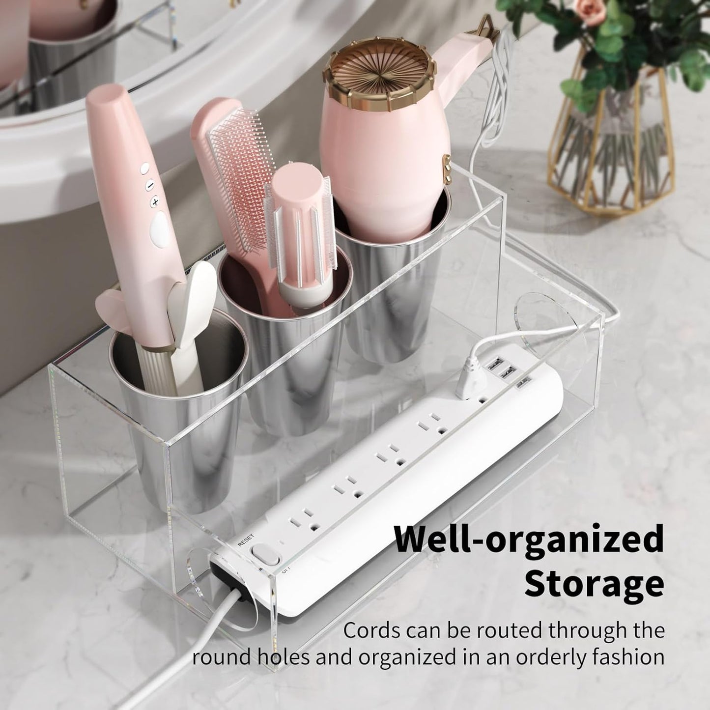 NIUBEE Acrylic Hair Tool Organizer,Hair Dryer Holder Countertop with 3 Cups | Clear, Hot Tools Organizer, Hair Blow