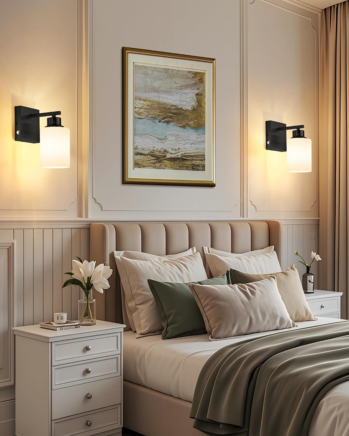 Wireless Battery Operated Wall Sconce Set of Two, Modern White Glass, Black | Dimmable, Easy Install Rechargeable Wall