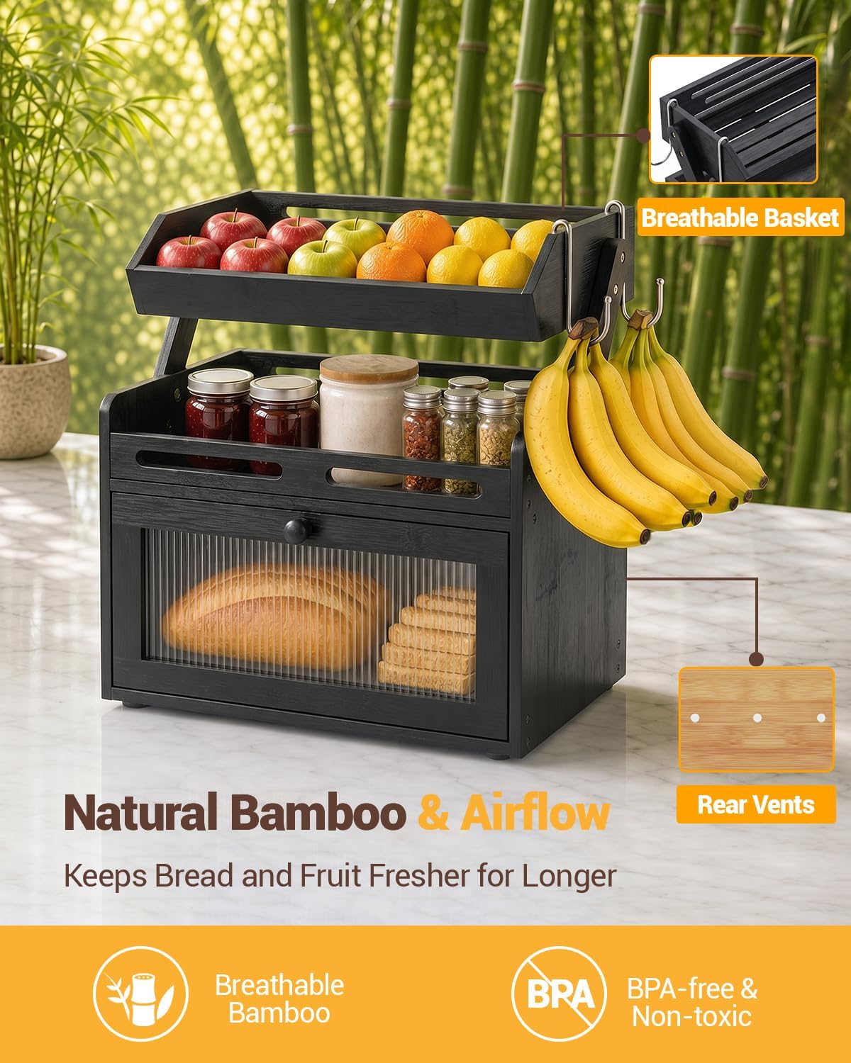 Bread Box for Kitchen Countertop, Bamboo Bread Storage with Fruit Basket | Black Large Bread Container, Raised-Rail