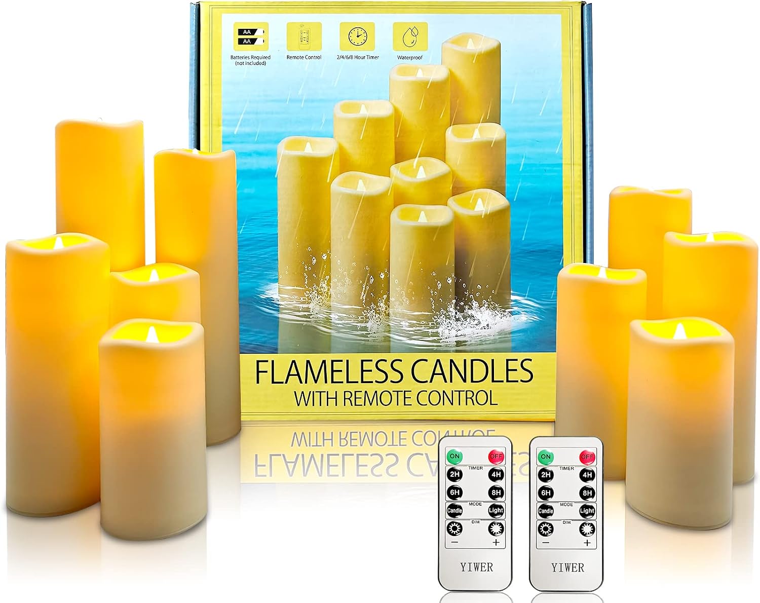 YIWER Waterproof Flameless Candles, Outdoor Battery Operated LED Pillars Candles, Electric Fake Candle Set of 9 with