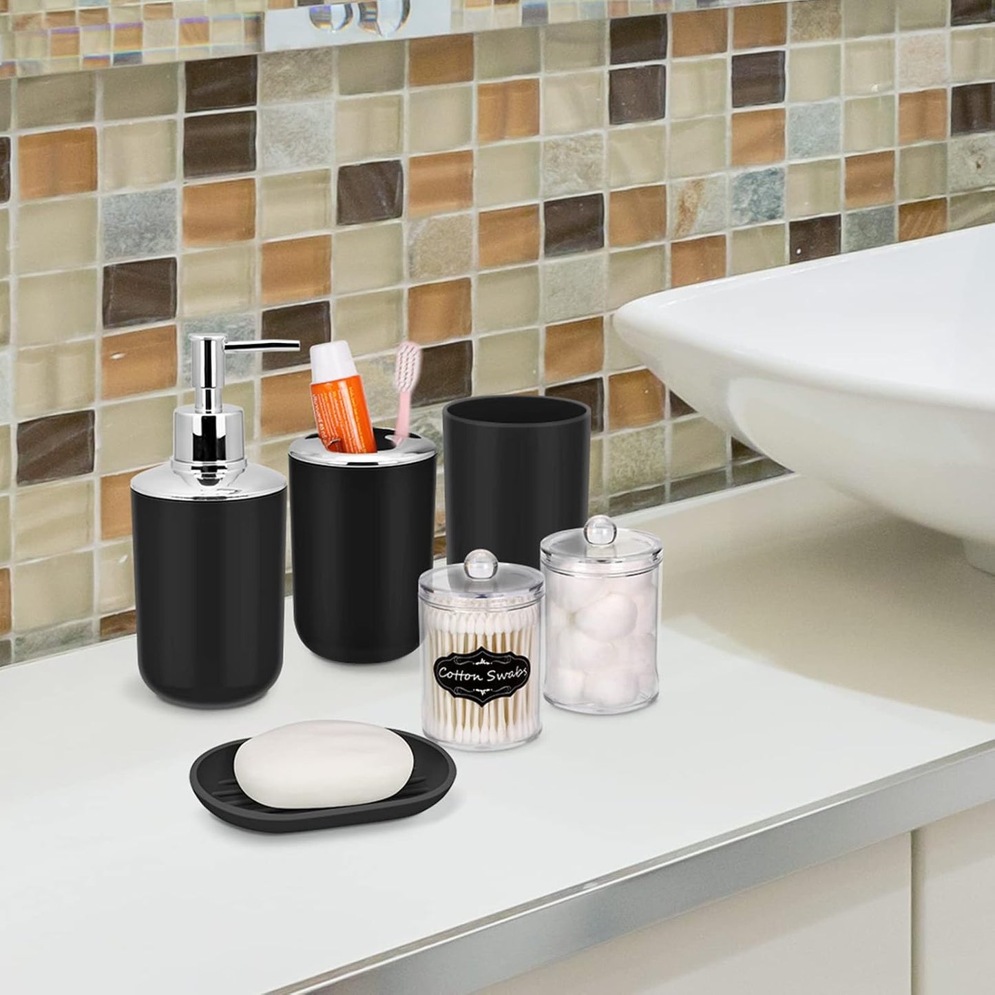 IMAVO Bathroom Accessories Set,Black Bathroom Set,9 Pieces Bathroom Accessory Set,Tray,Qtip Holders,Toilet Brush,Trash