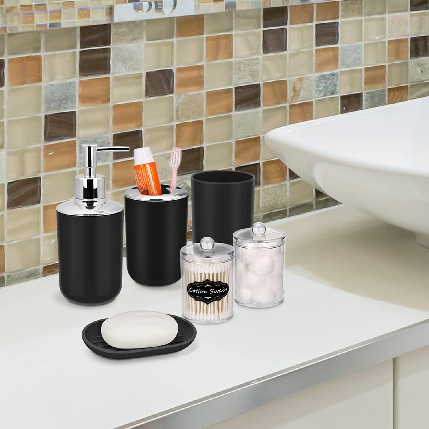 IMAVO Bathroom Accessories Set,Black Bathroom Set,9 Pieces Bathroom Accessory Set,Tray,Qtip Holders,Toilet Brush,Trash