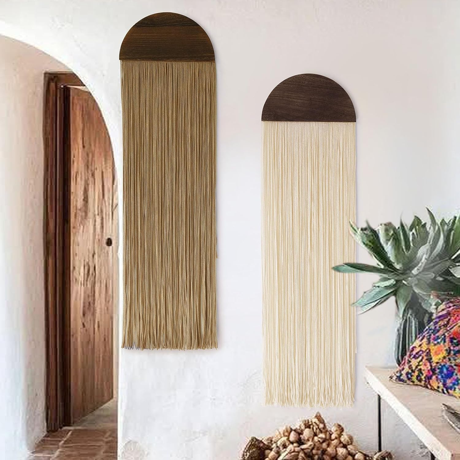 Macrame Wall Hanging Boho Wall Decor Handmade Macrame Art Tapestry / Ivory and Brown / Set of 2