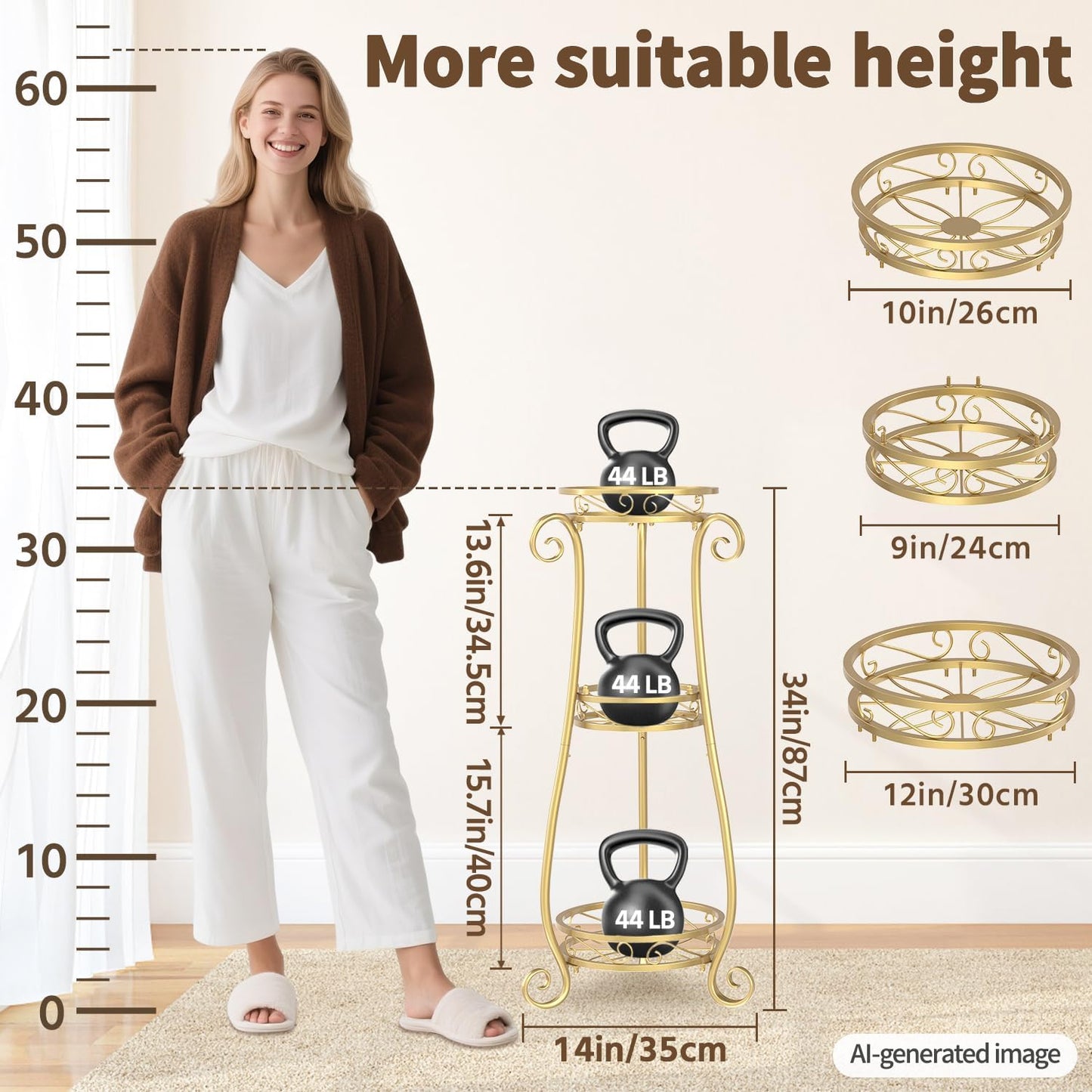 LASZOLA 3 Tiers Metal Corner Plant Flower Stand Tall Indoor Outdoor, Gold | Heavy Duty Small Holder Shelf for Multiple