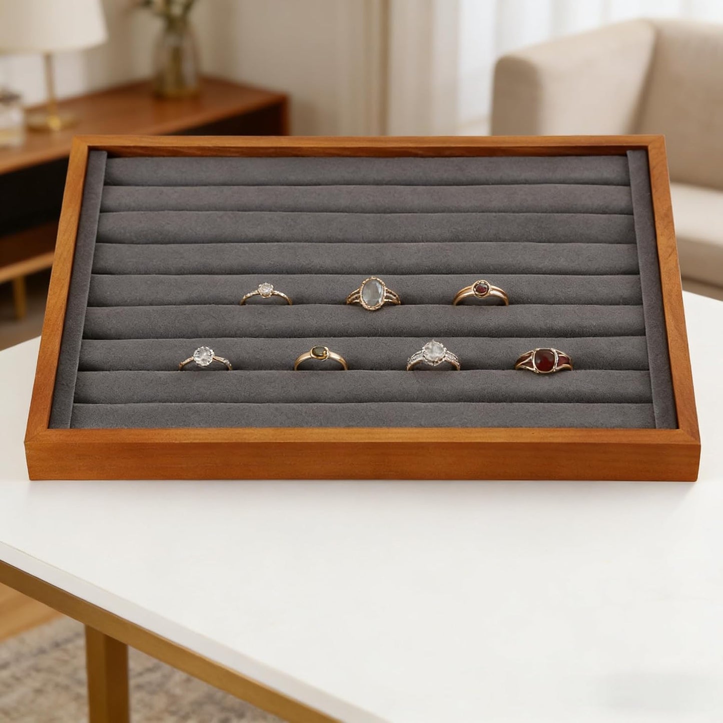 Solid Wood Ring Tray Display Stand Jewelry Drawer / Gray / Ring Tray-w 9.45" x H 1.18"x L 13.78
