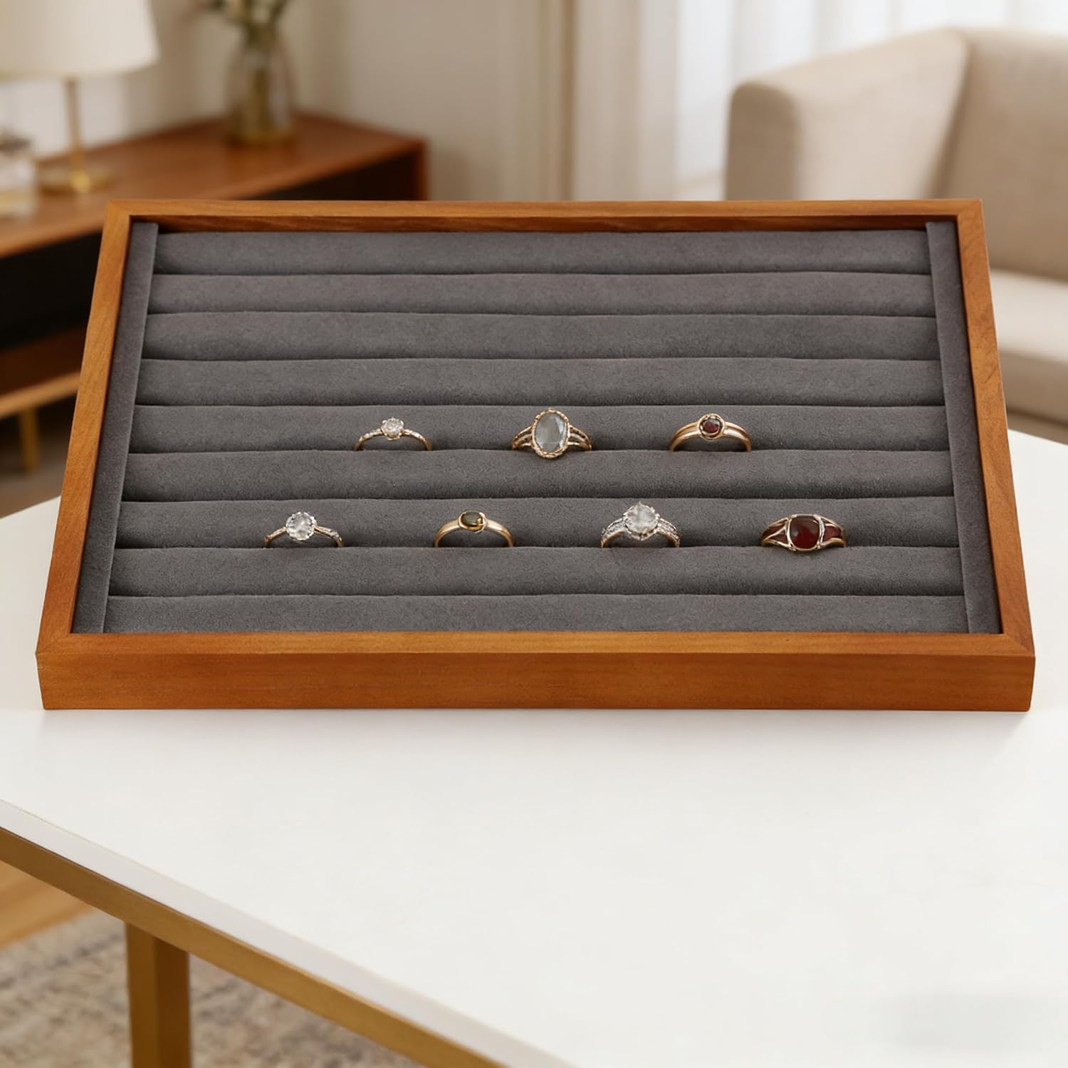 Solid Wood Ring Tray Display Stand Jewelry Drawer / Gray / Ring Tray-w 9.45" x H 1.18"x L 13.78