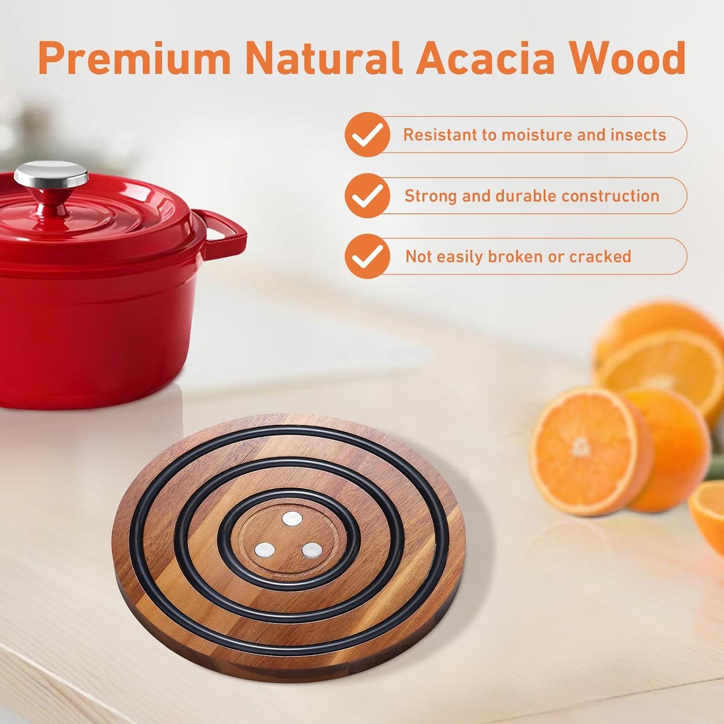 2 Pcs Magnetic Wooden Trivets, Acacia Wood with Black Silicone Rings, Magnetic Pot Holder for Le Creuset Enameled Cast
