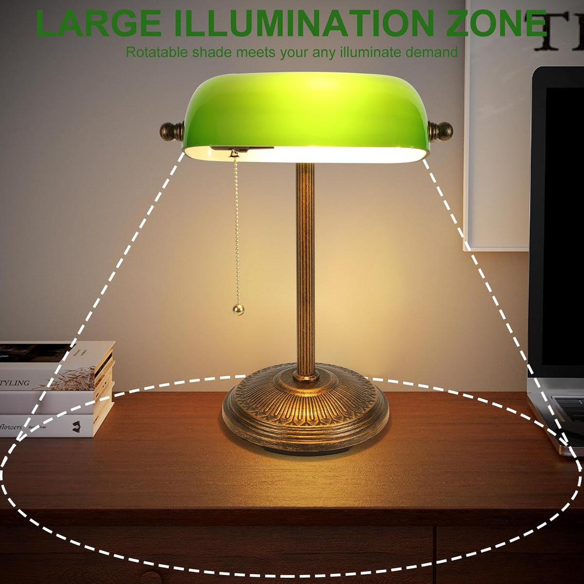 NISSAFORS Bankers Desk Lamp, Green Glass Shade, Vintage Desk Lamp with Pull Chain Switch, Retro Table Lamps for Home
