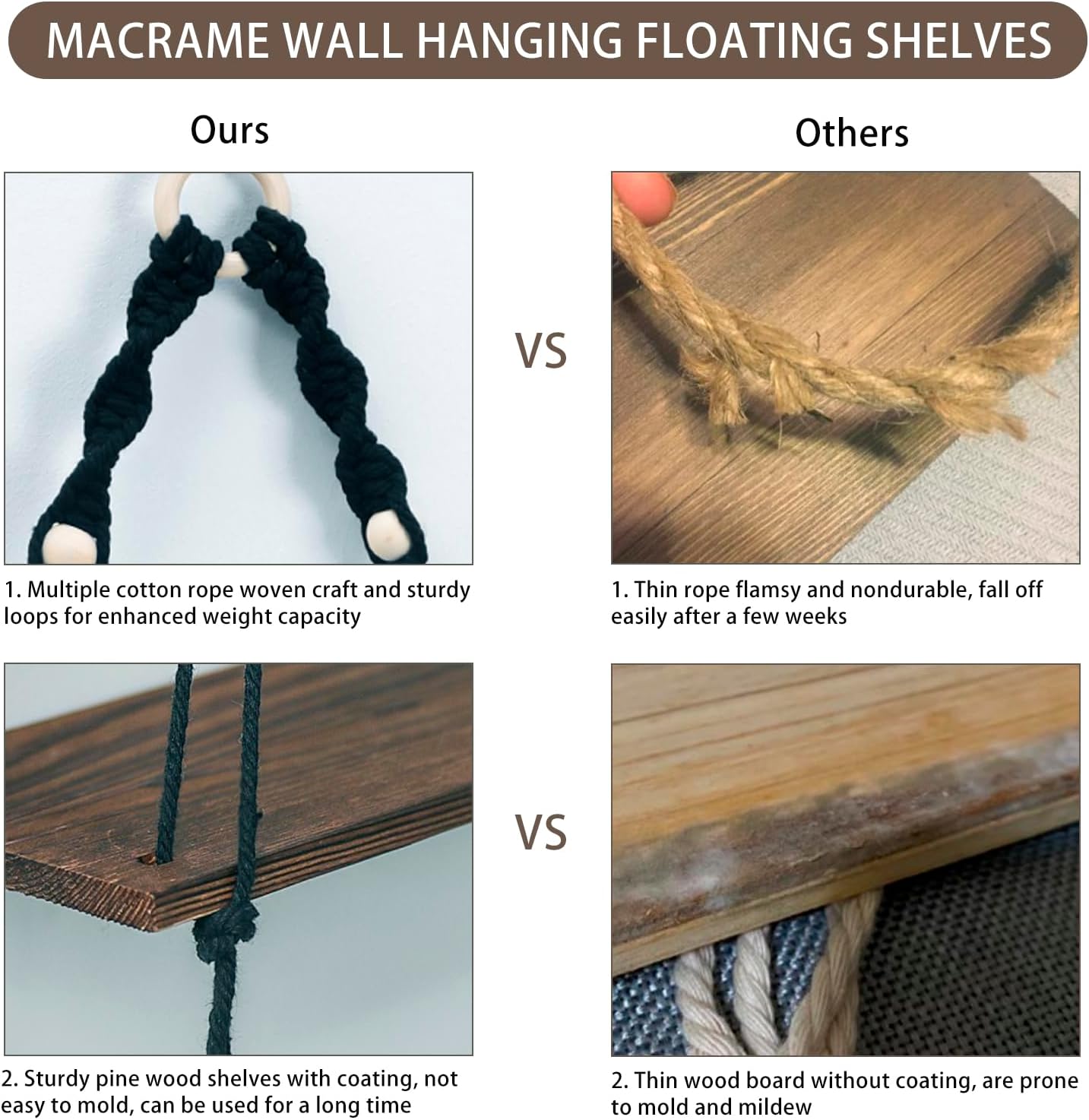 Boho Wooden Wall Shelves Hanging Decor / Black