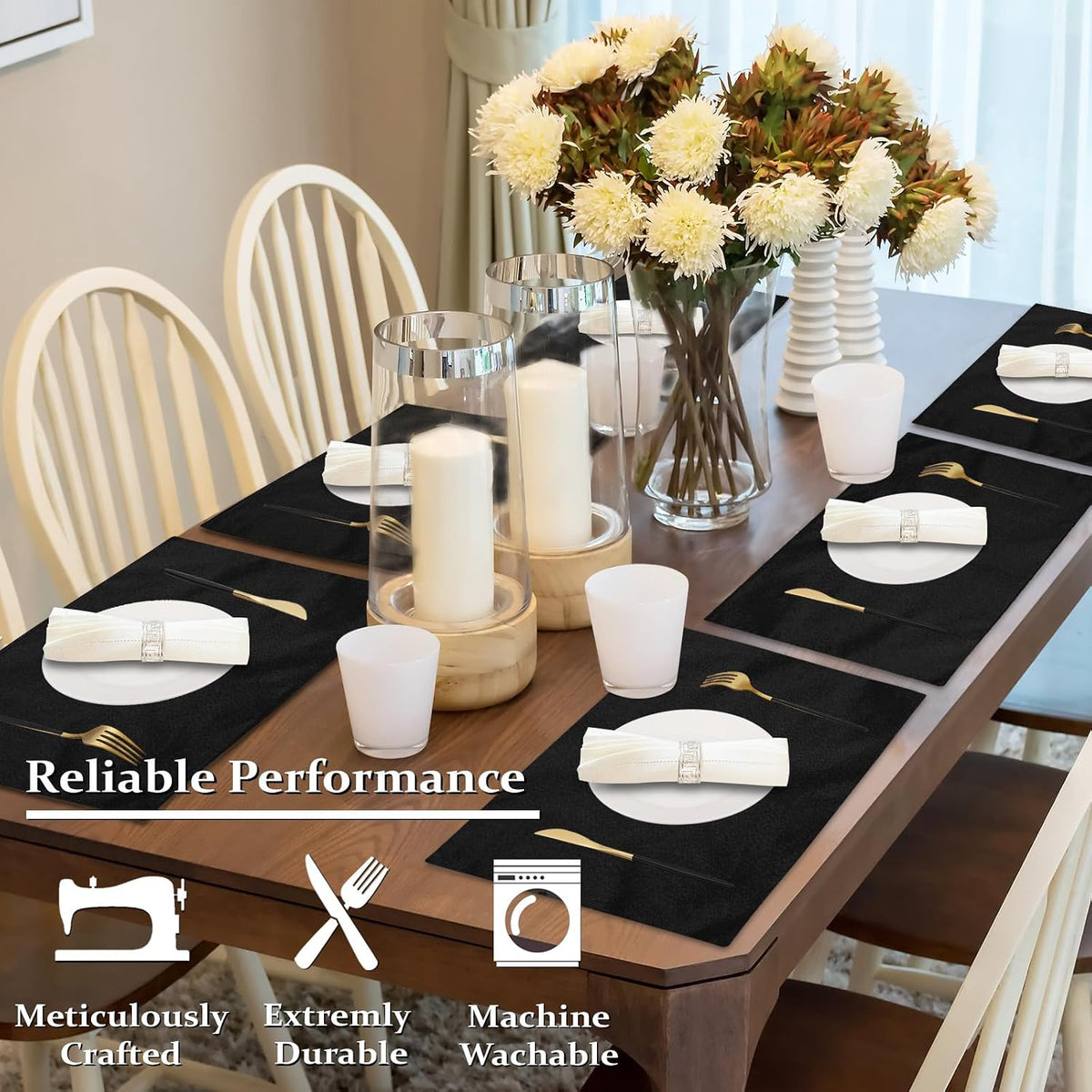 Cloth Placemats Set of 6, Cotton Linen Blend Place Mats, Black | Machine Washable, Double Layered, Heat Resistant