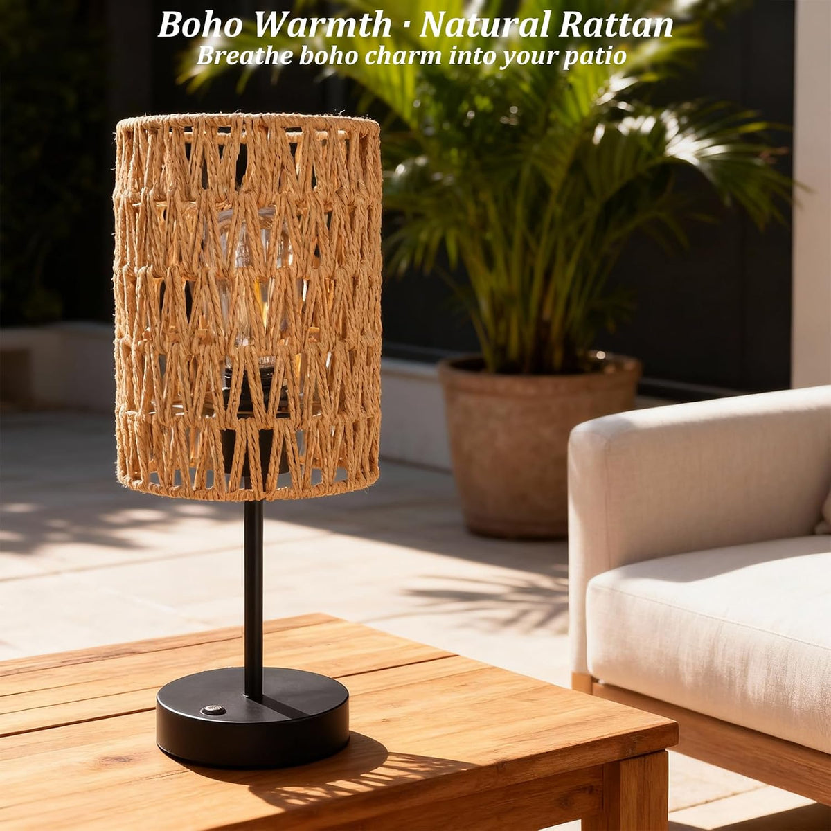 Rechargeable Outdoor Table Lamps, Rattan Boho Cordless Battery Operated Table Lamps, Patio Lamp for Living Room