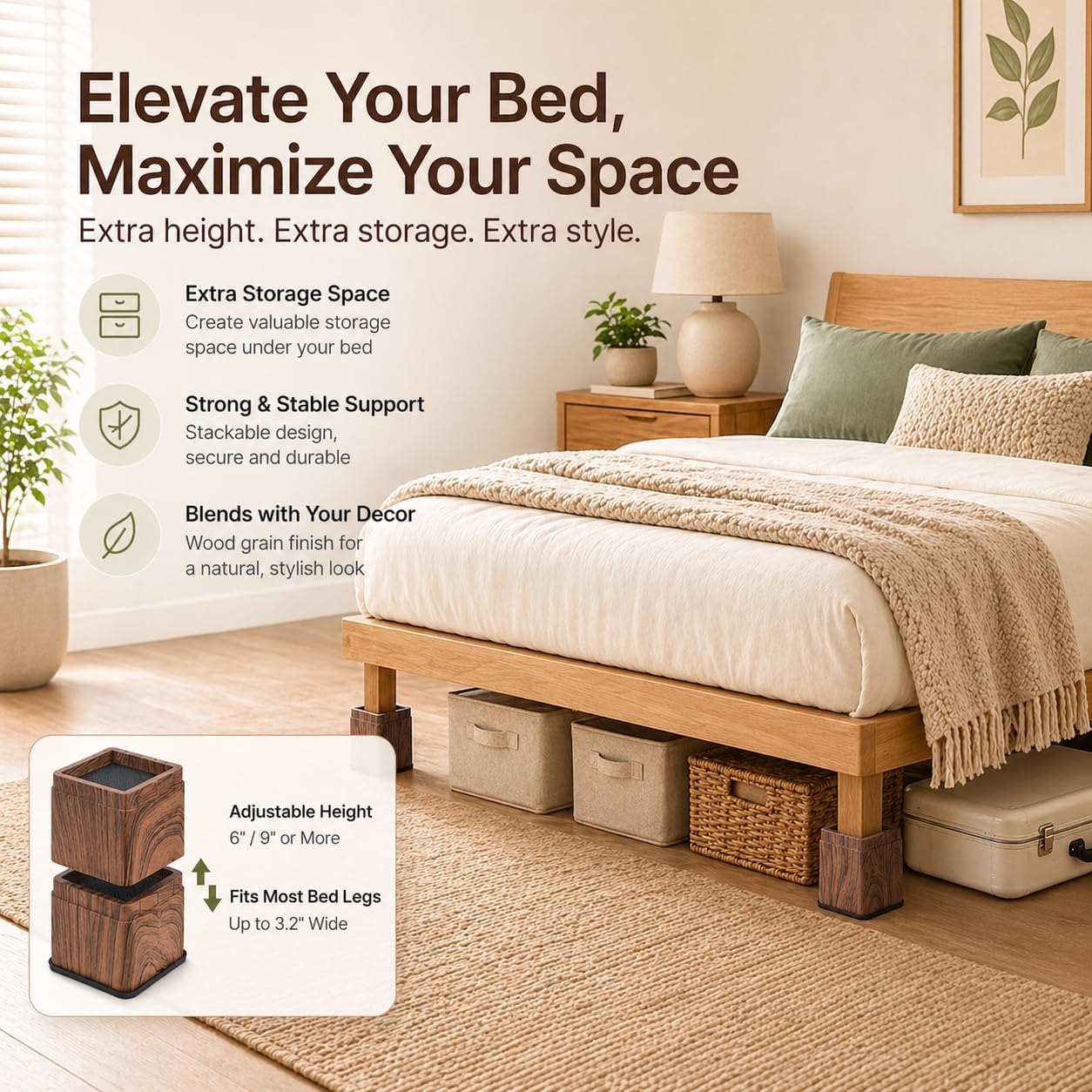 BTSD-home Wood Bed Risers 3 Inch, 4 Pack | Heavy Duty Square Furniture Lifters for Under-Bed Storage, Dorms, Tables and