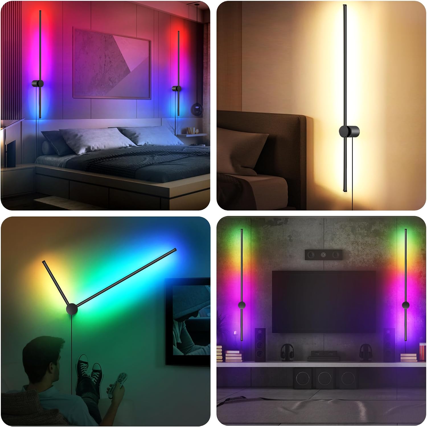 RGB LED Wall Sconces Set of Two with Remote, 15 Color Modes, Dimming, DIY 180° Rotate, Black Plug in Wall Sconces with