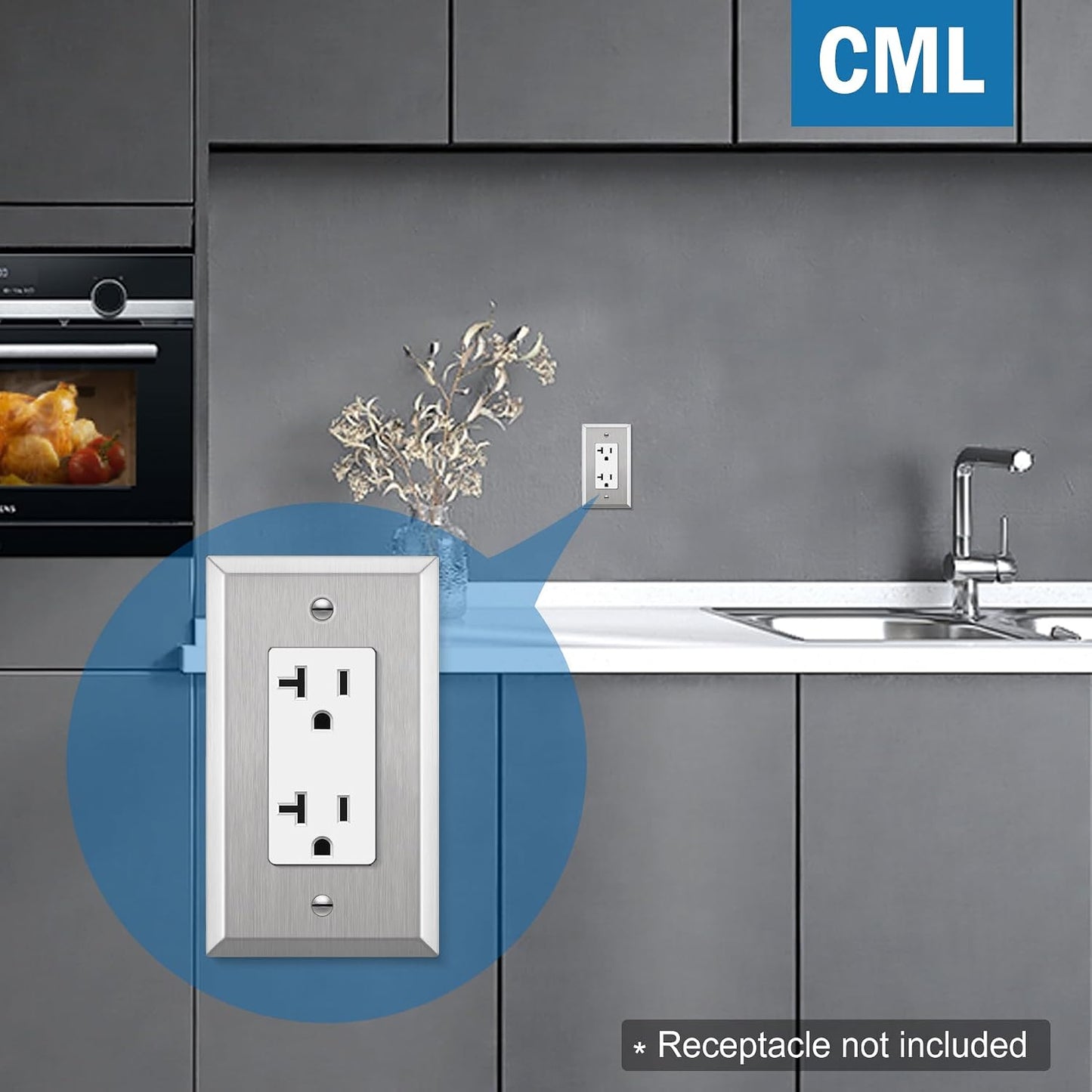 CML 20 Pack 1-Gang Decorator Metal Wall Plate, Standard Size, Silver | Stainless Steel Outlet Receptacle Covers &
