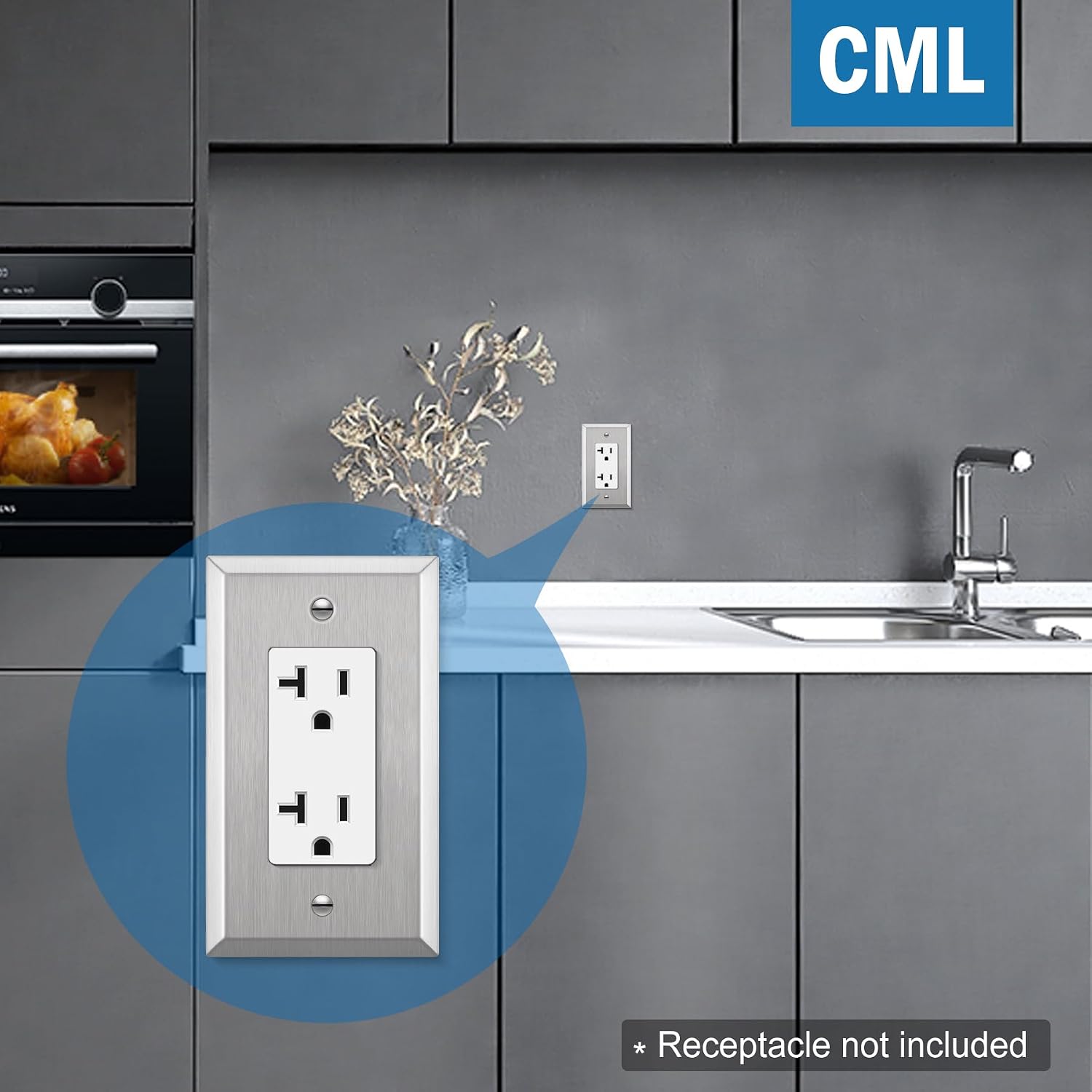 CML 20 Pack 1-Gang Decorator Metal Wall Plate, Standard Size, Silver | Stainless Steel Outlet Receptacle Covers &
