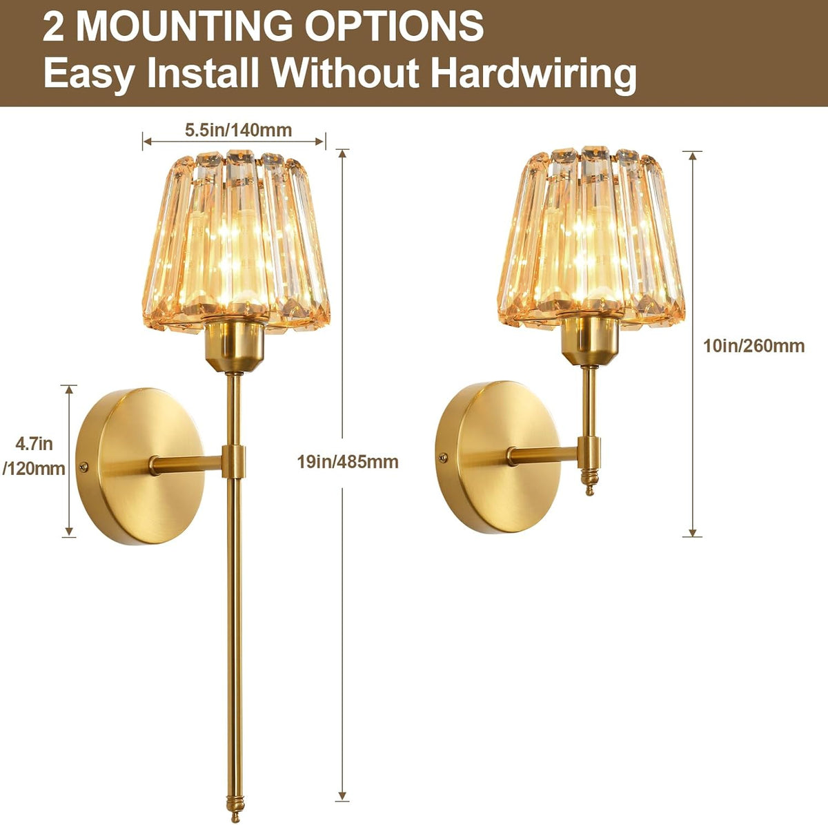 Battery Operated Crystal Wall Sconce Set of 2, Amber Rechargeable Wireless Wall Sconces with Remote Dimmable 12 Colors