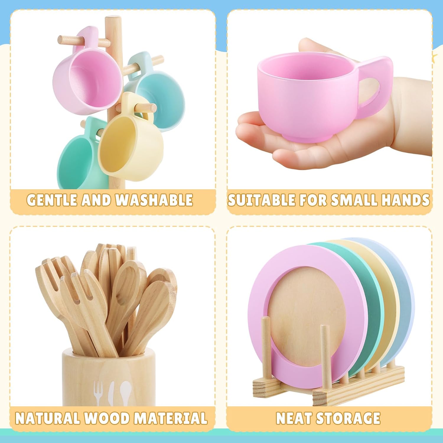Storage Stand & / Kids Wooden Play Dishes Set / Macaron Colors with Stands-2 / Set of 27