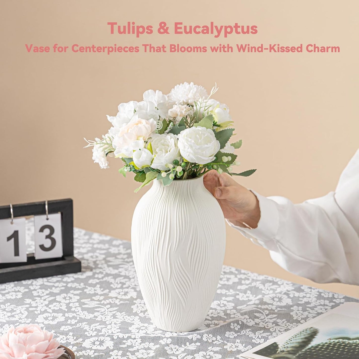 9.2" Unique Flower Vase for Pampas Grass/Centerpieces / Windblown Texture Vase / White