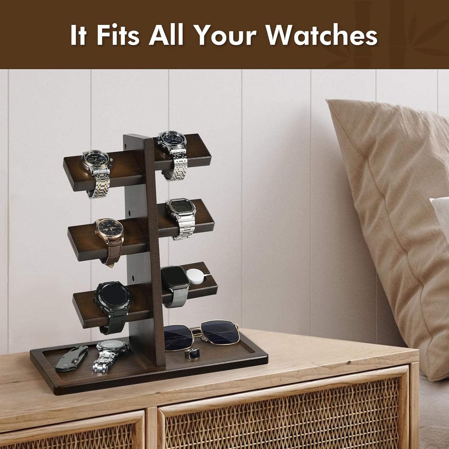 ikkle Watch Holder Stand with Charging Station Wooden Watch Display Tower Jewelry Organizer for Rings, Coins Bracelets