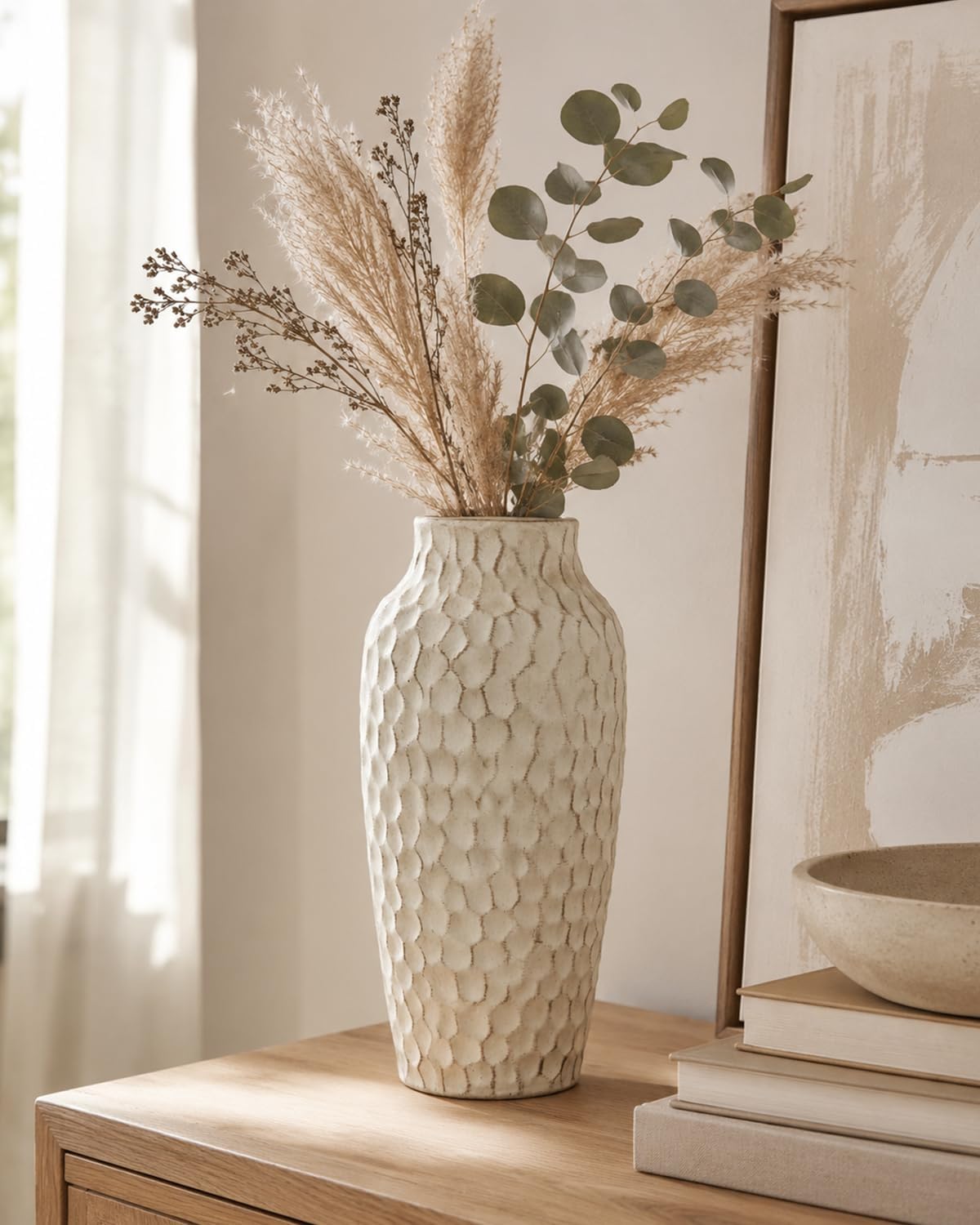 Ceramic Vase / Large Rustic Textured Decorative Vase for Farmhouse Home Decor / Yellow / 12.4 Inch