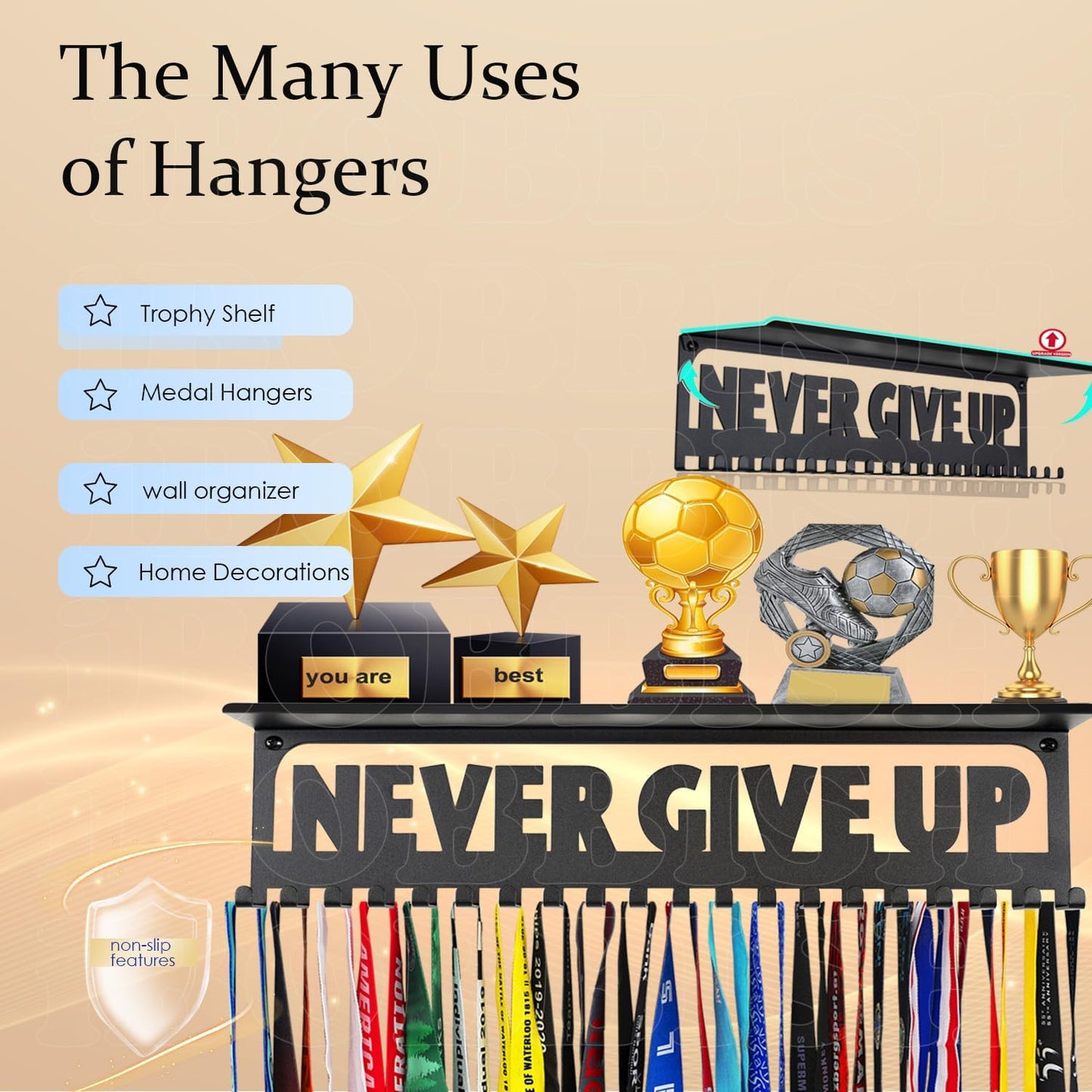 iBobbish Metal Medal Hanger Display,Non-Slip Trophy Shelf with 20 Hooks,Wall Mount,Heavy Duty,Non-Bent,Holds