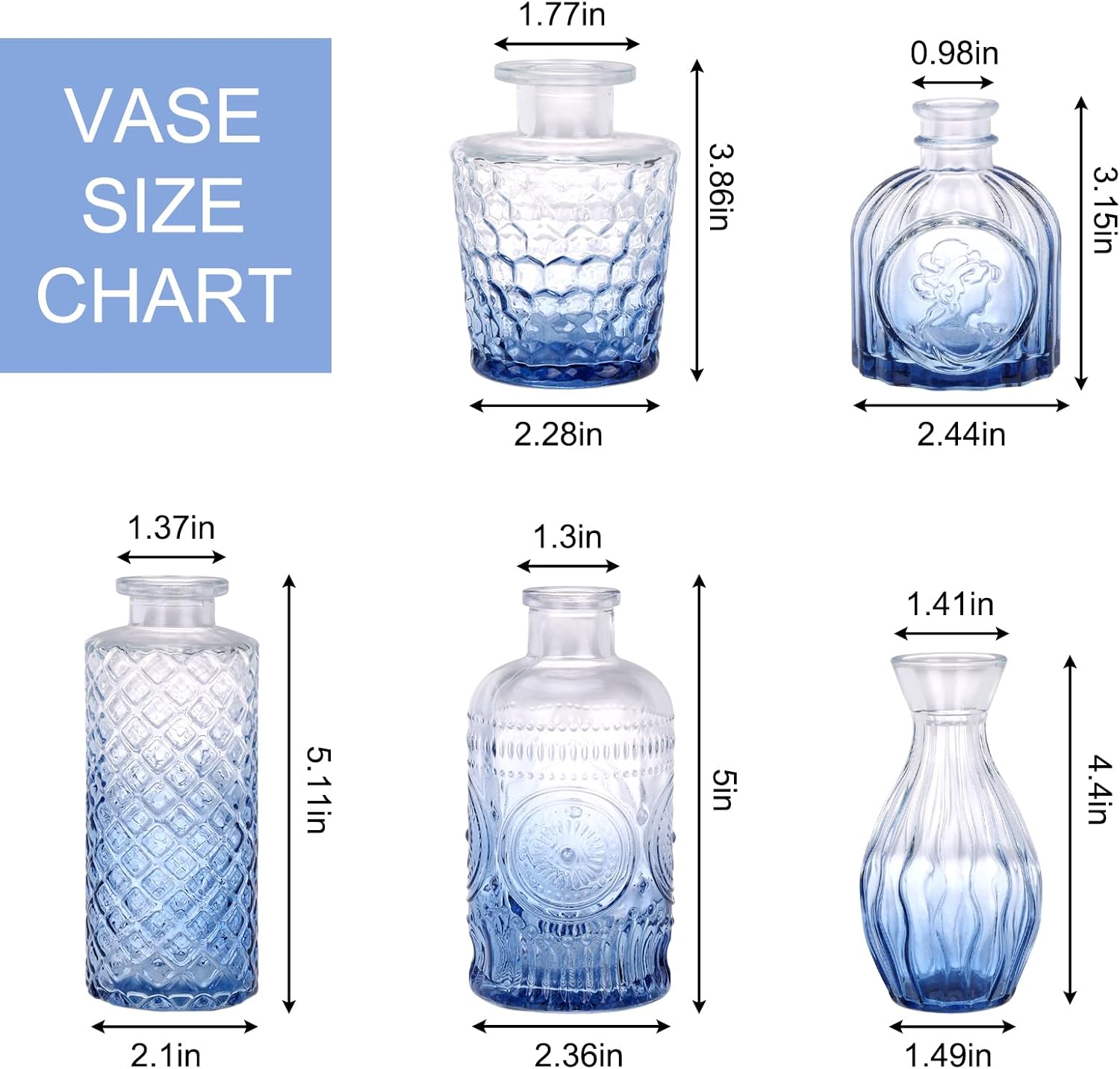 Glass Bud Vase Set / Blue / Set of 5